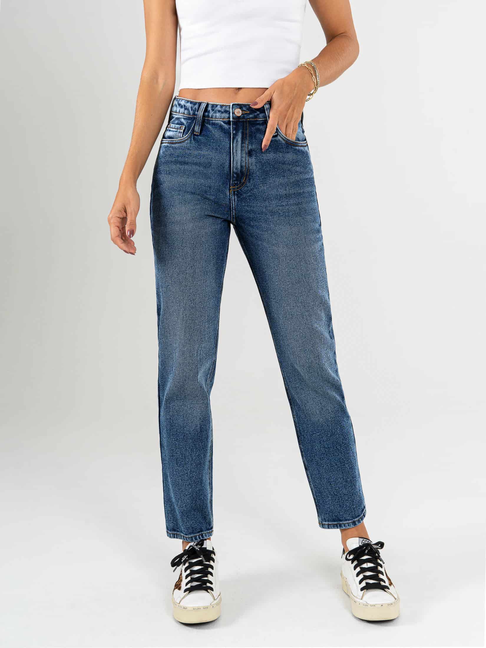 Ref: 065802 Jean Mom fit, slim cropped, stretch, tiro alto, tono azul medio oscuro - miniatura 1
