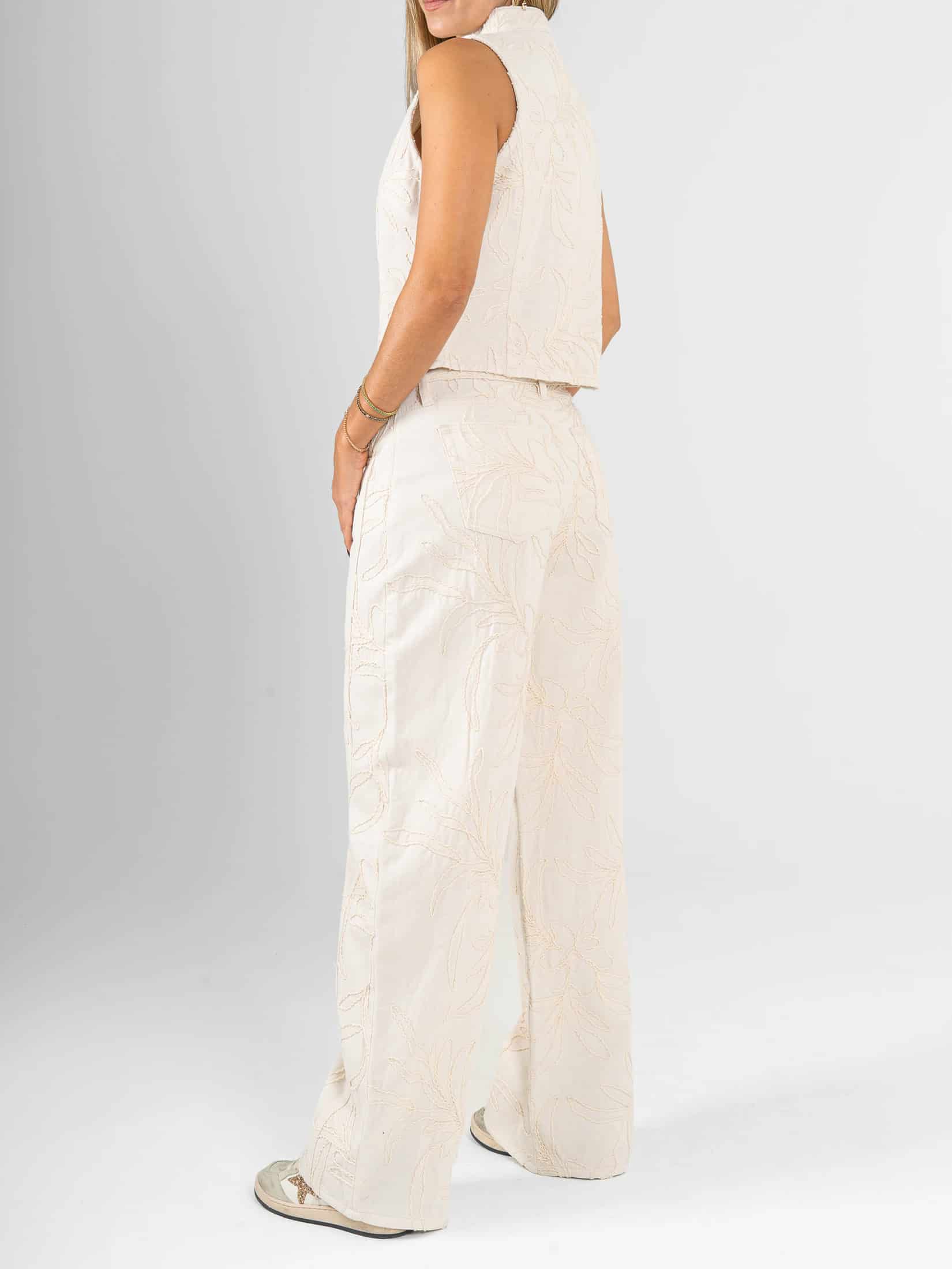 Ref: 0620305 Pantalón wide leg, tiro medio, tela bordada, tono natural - miniatura 3