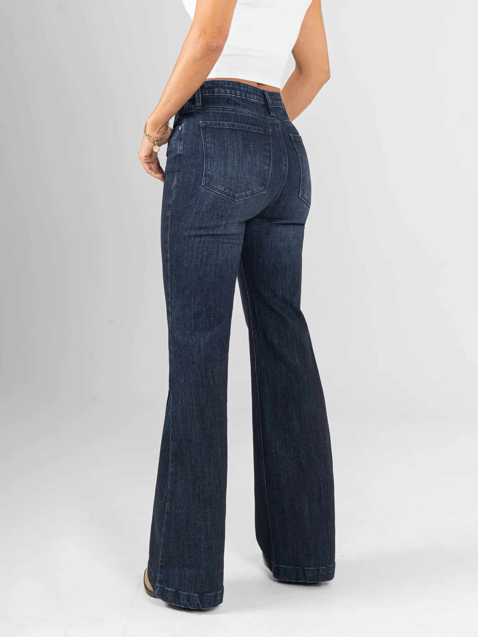 Ref: 066324 Jean flare stretch, bota ancha, tiro alto, con cortes, tono azul oscuro medio - miniatura 2