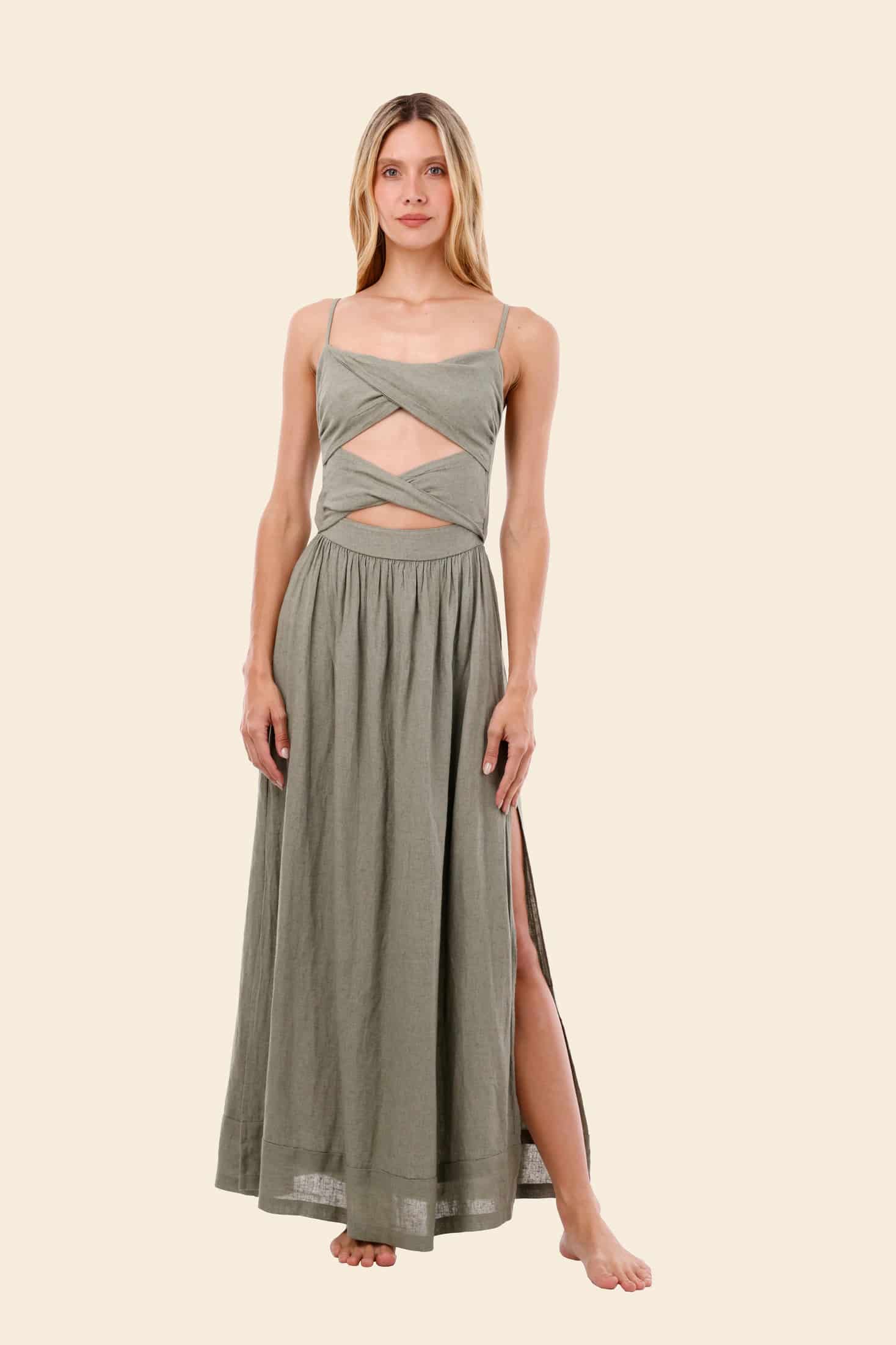 Serenity Green Linen Wavelet Dress - miniatura 2