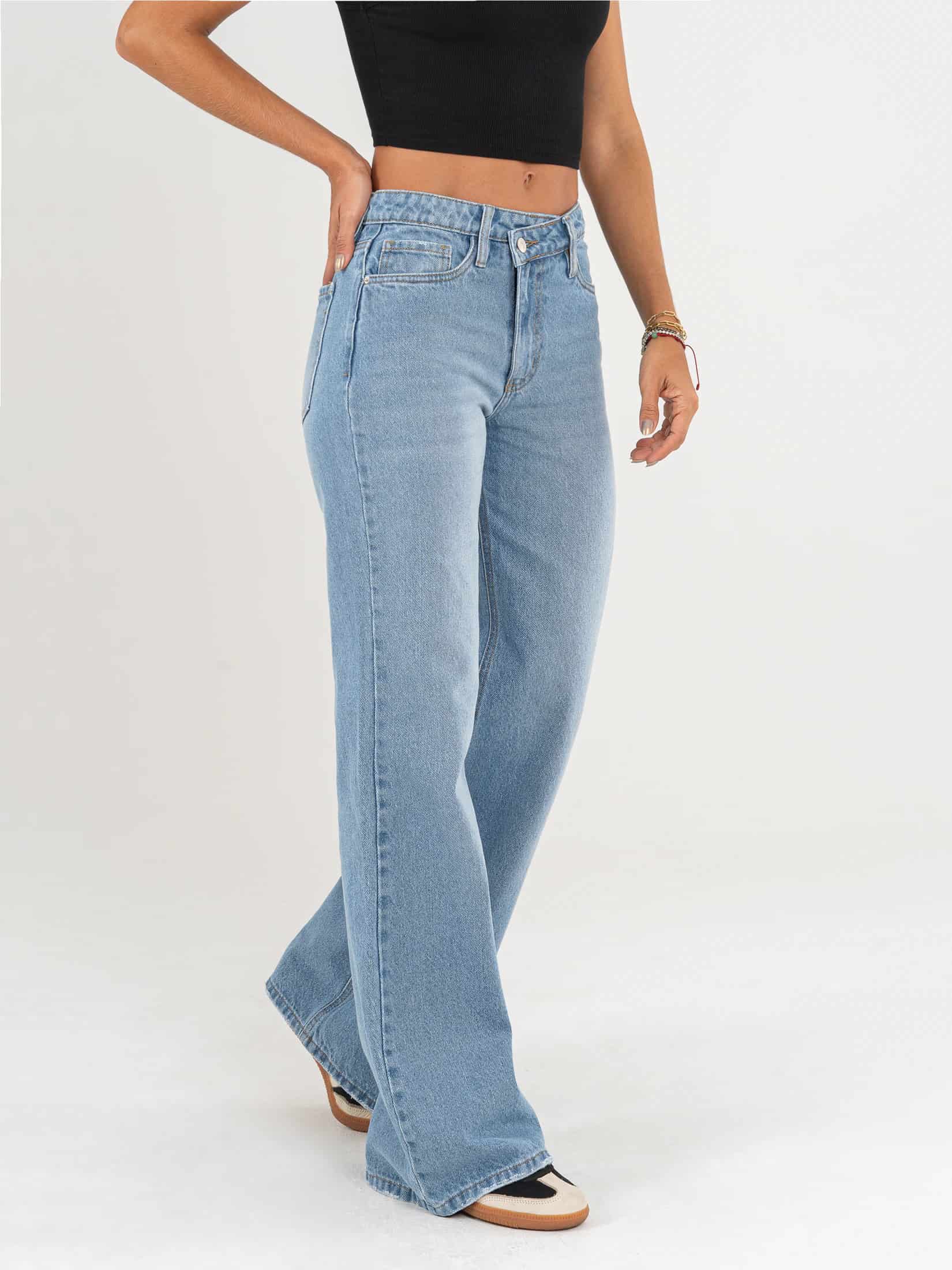 Ref: 064977 Jean Mom Flare, rígido, tiro alto, tono azul medio, detalle en pretina. - miniatura 4