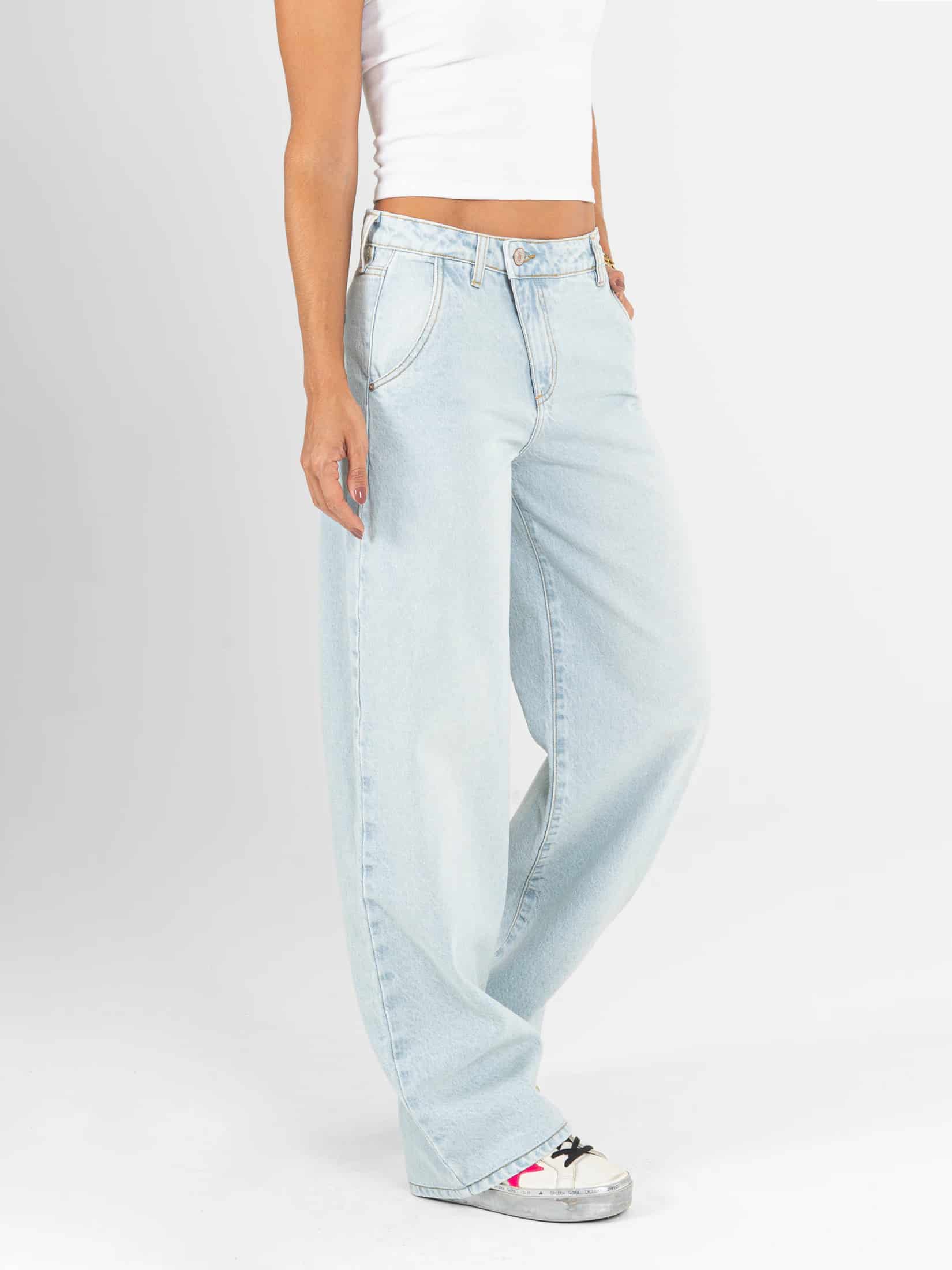 Ref: 066441 Jean wide leg, rígido, tiro alto, detalle en pretina, con cortes, tono azul claro - miniatura 3