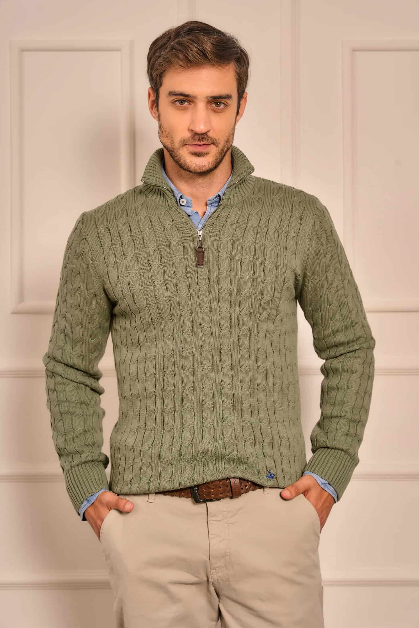 Suéter Halfzip Trenzado Hombre Verde Alamo - miniatura 1