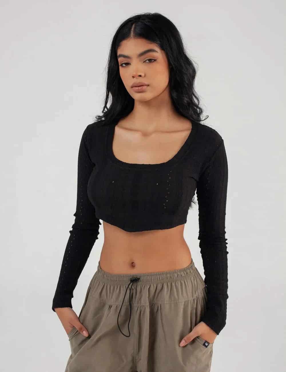 Crop Top manga larga Net negro Mujer - miniatura 8