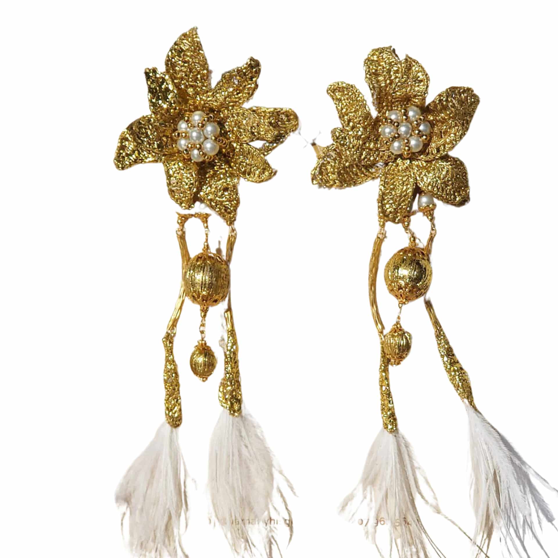 Gold Flower and Feathers Earrings - miniatura 1
