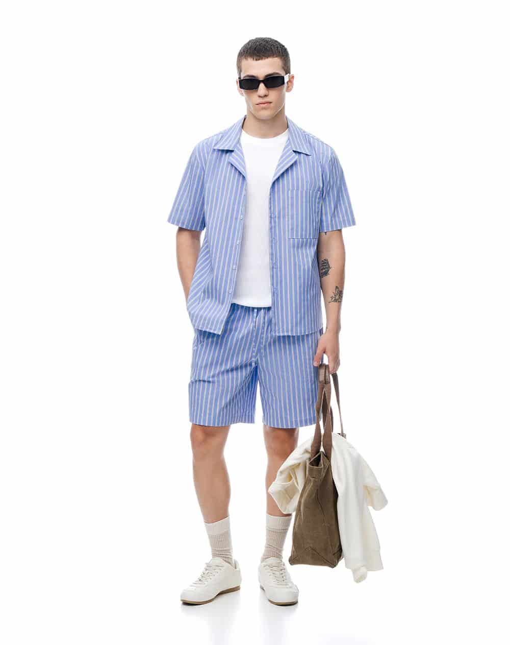 Camisa + bermuda de pijama algodón azul con rayas hombre - miniatura 7