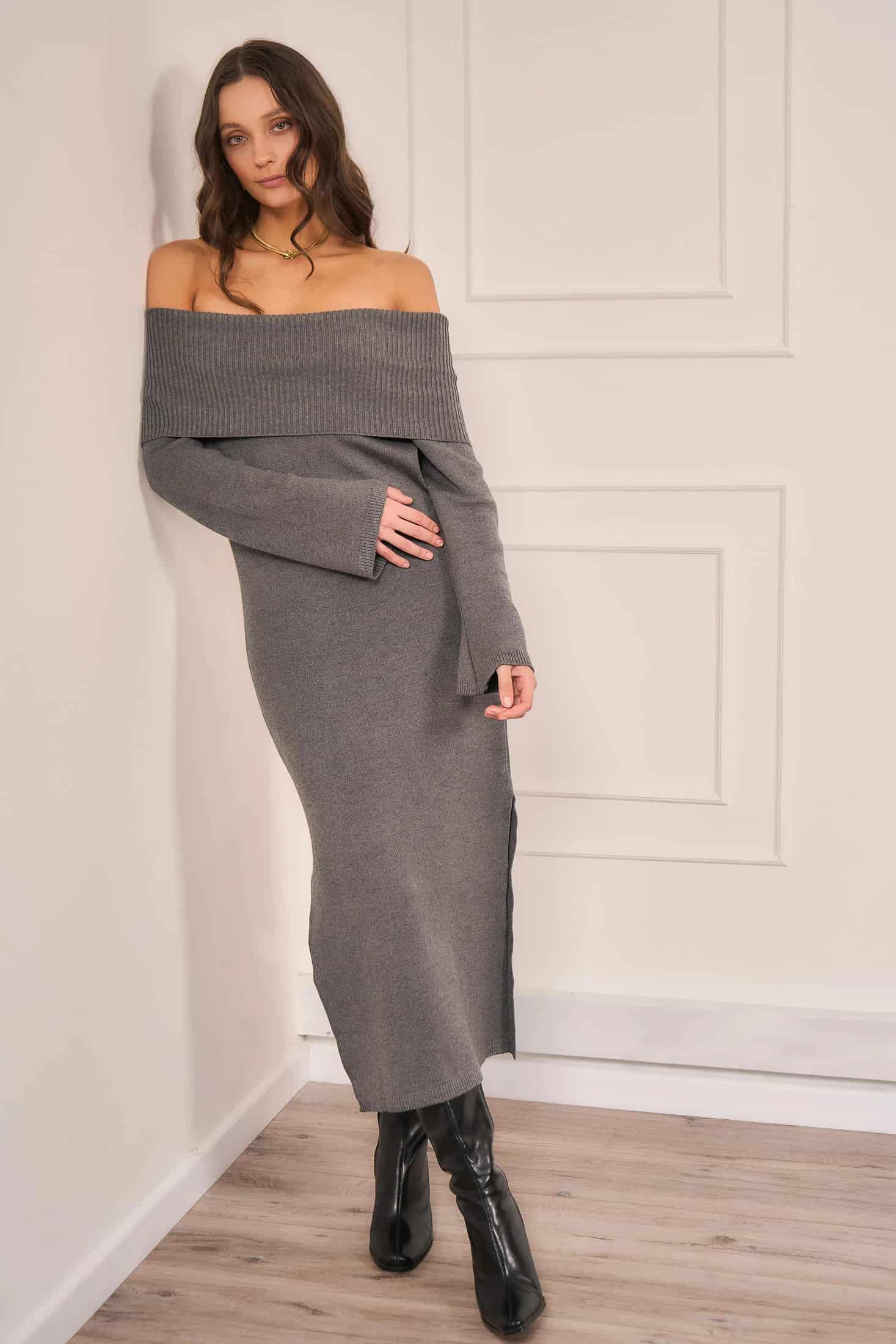 Vestido Off Shoulder Gris Mujer - miniatura 4
