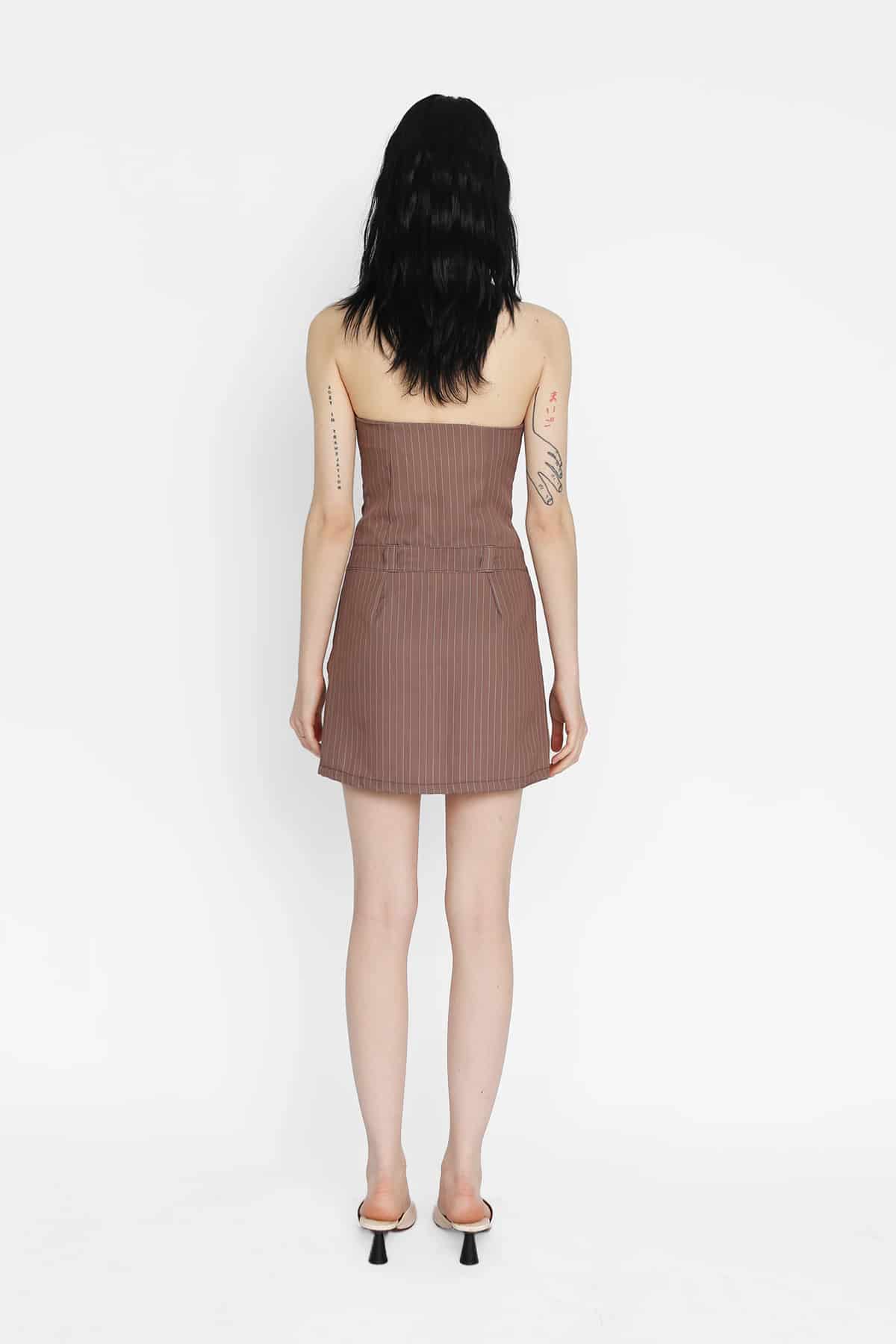 Strapless Mini Dress in Brown Pinstripe - miniatura 3