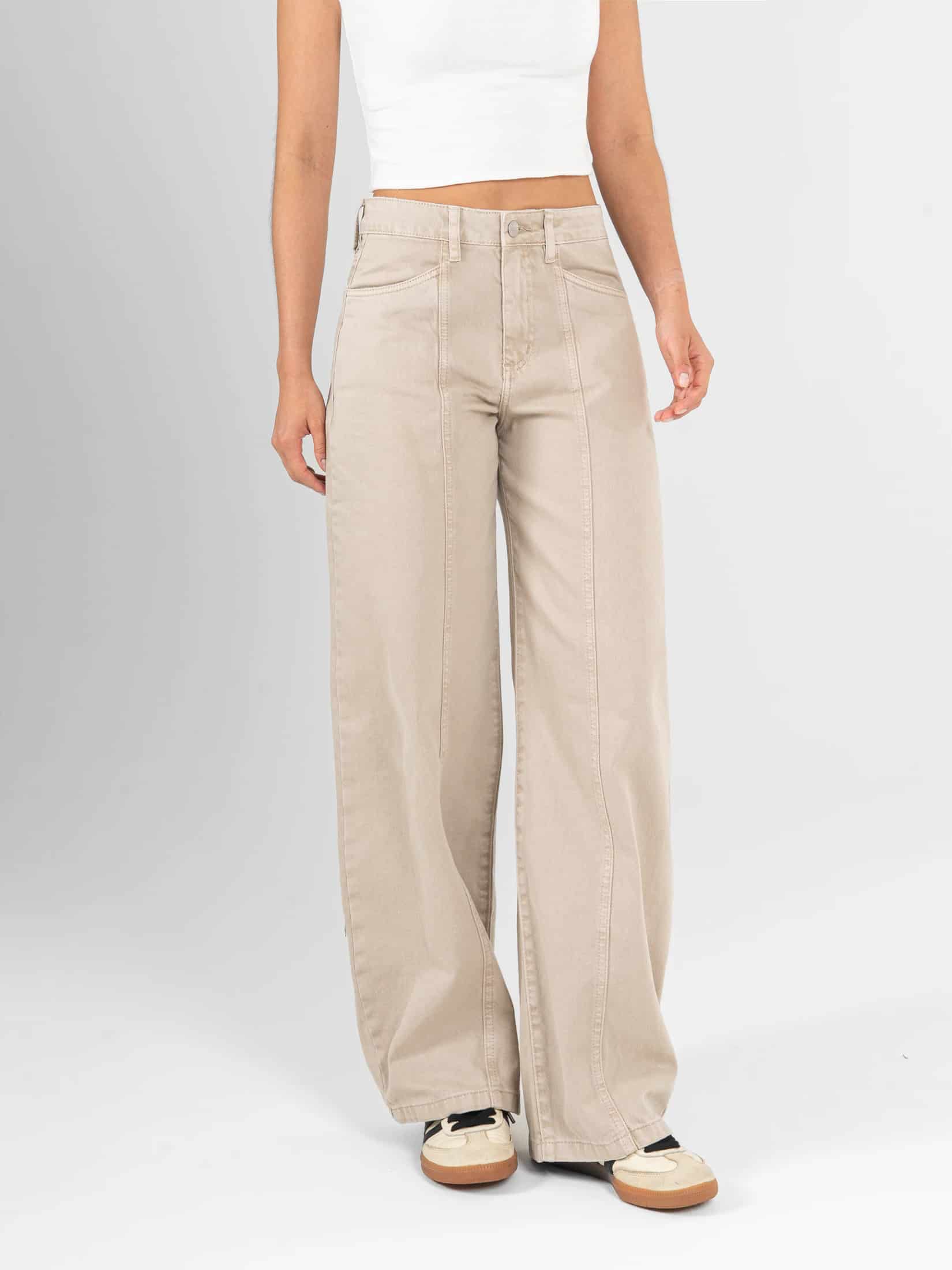 Ref: 0620451 Pantalón wide leg, rígido, tiro alto, con cortes, tono caqui - miniatura 1
