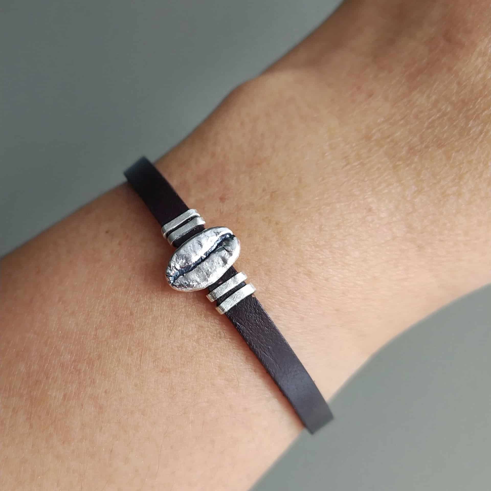 Pulsera Café Gesha en plata envejecida con cuero plano - miniatura 3