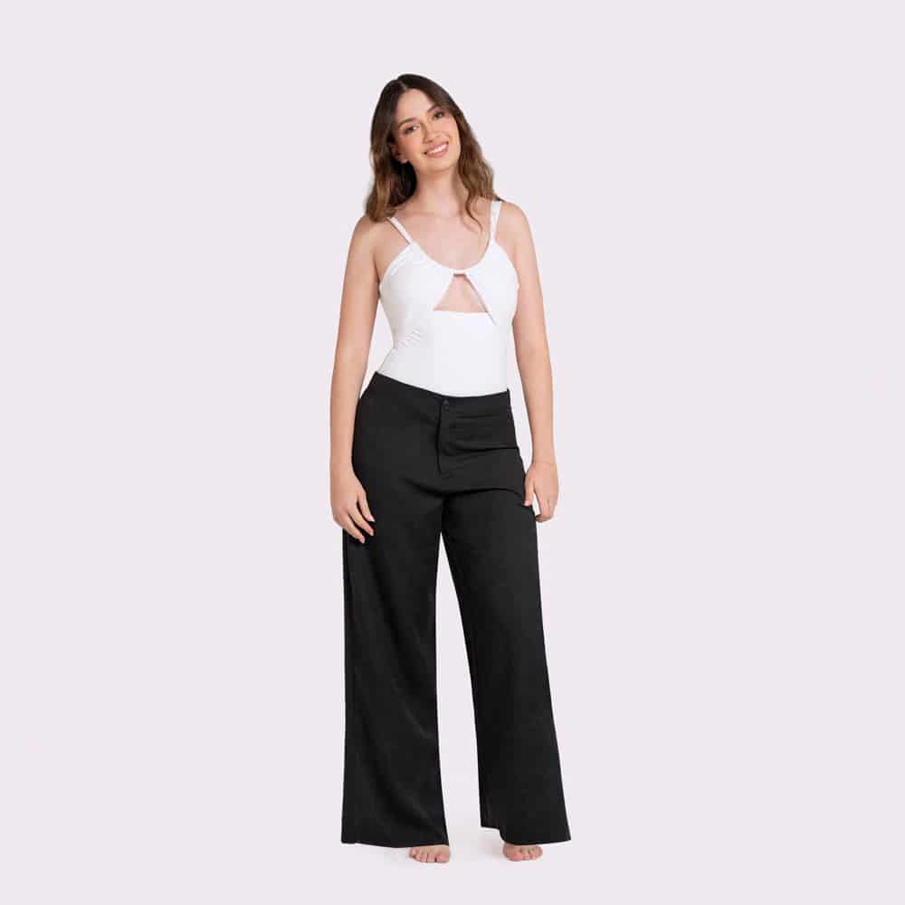 Pantalón Negro Bota Recta Cintura Media sin Bolsillos - miniatura 1