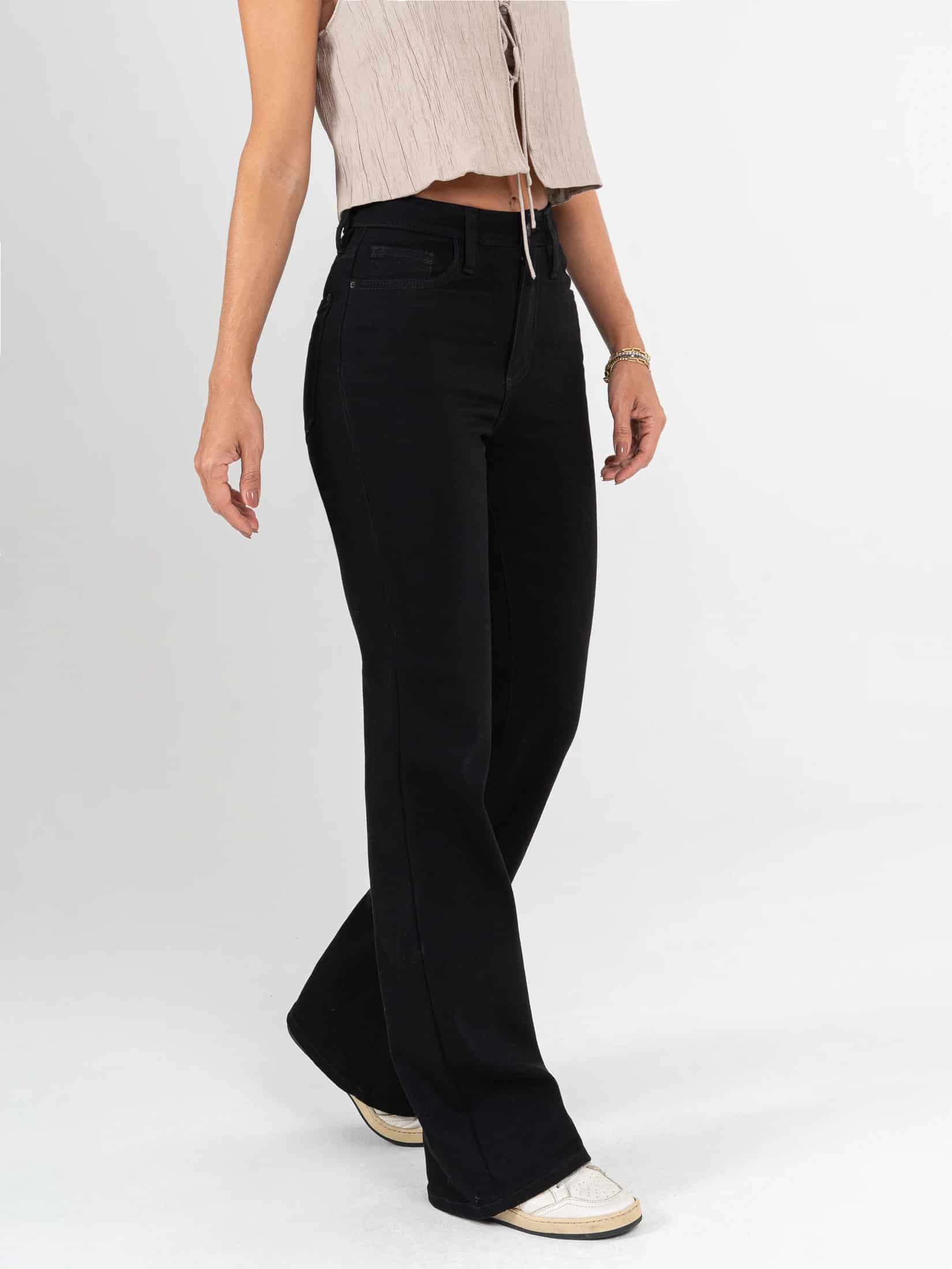 Ref: 064473 Pantalón flare stretch, bota ancha, tiro alto, tono negro. - miniatura 3
