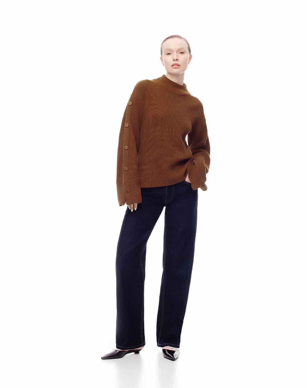 Suéter regular tejido algodón caramelo mujer - miniatura 3