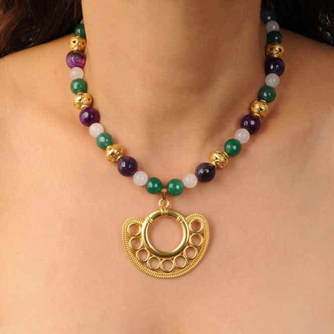 Collar Piedra Semipreciosa Ágatas Morada y Verde, Cuarzo Rosado y Dije Extragrande Nariguera Filigrana Simple Sinú - miniatura 2