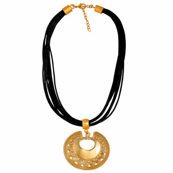 Collar Cuero Negro 10 Vueltas y Dije Extragrande Nariguera de Círculos Tairona - miniatura 1
