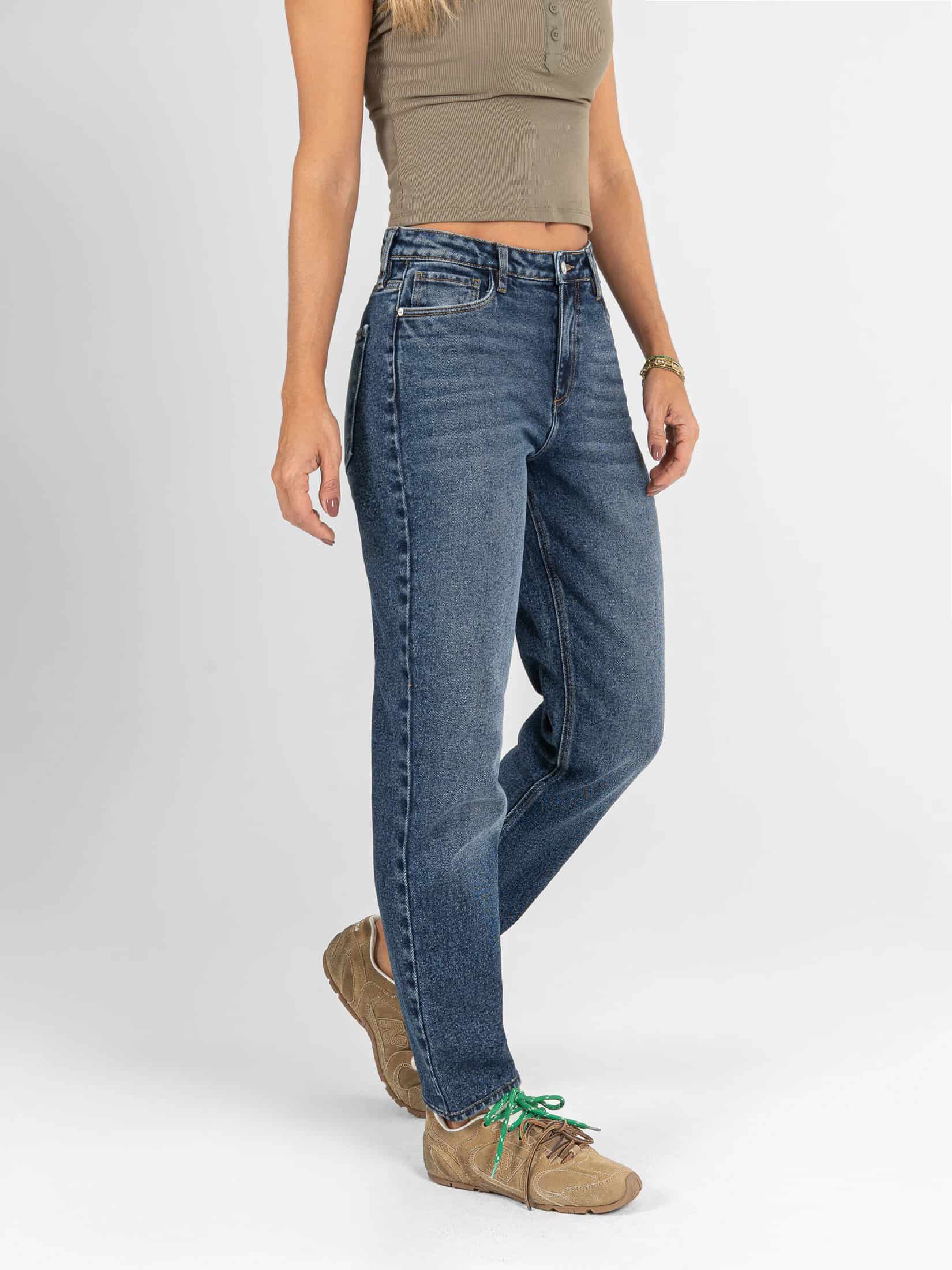 Ref: 066591 Jean Mom fit, slim cropped, stretch, tiro alto, tono azul medio oscuro - miniatura 3