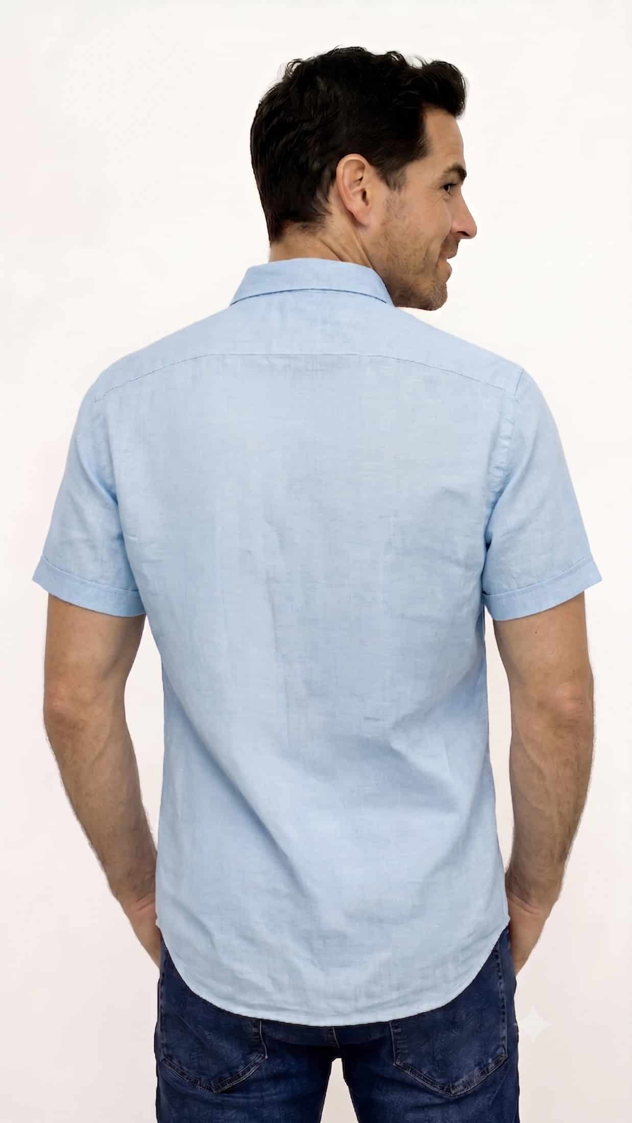 CAMISA LINO MANGA CORTA AZUL PARA HOMBRE - miniatura 2