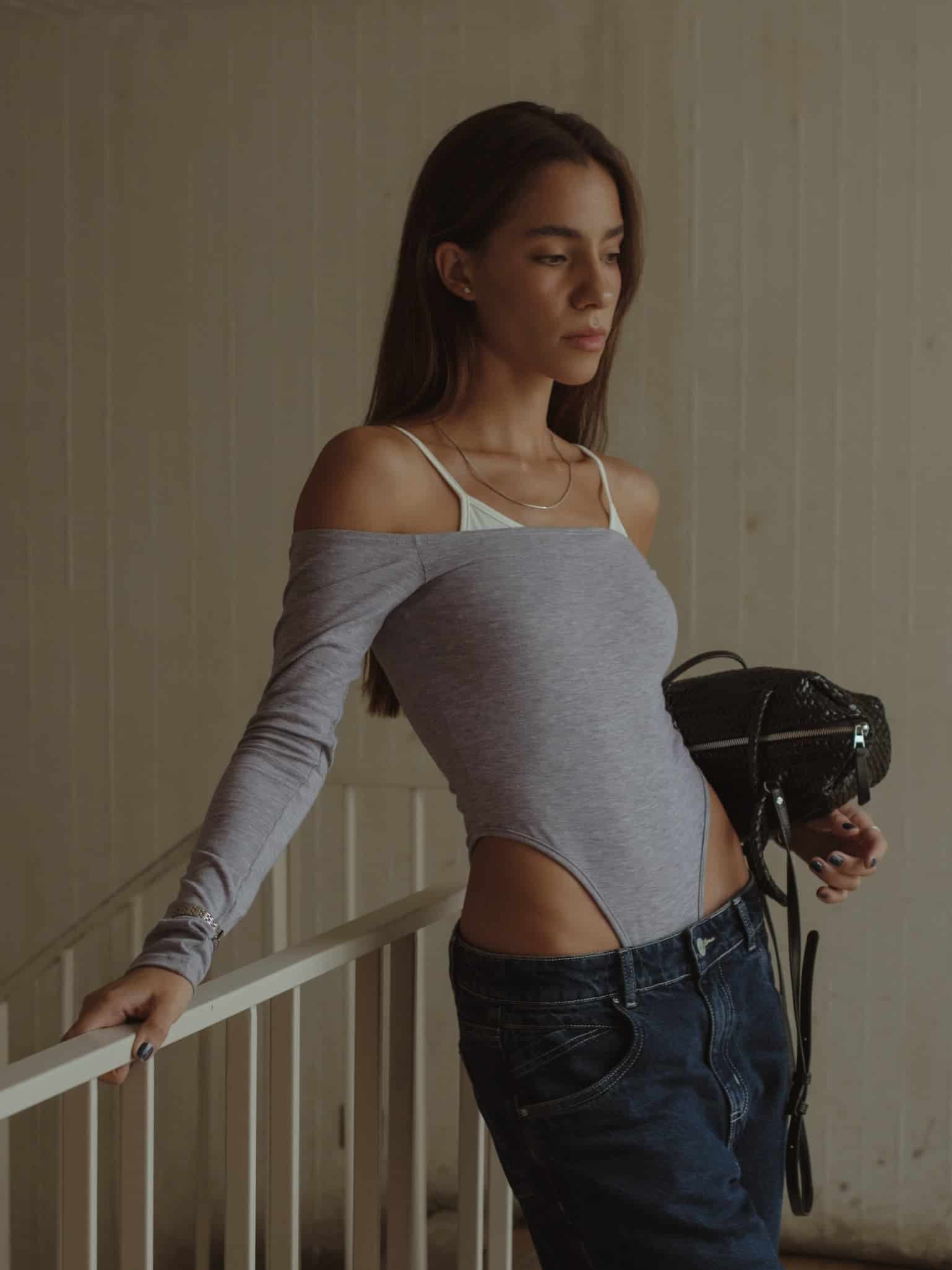 DOUBLE LAYER BODYSUIT - JASPE GRAY & CREAMY - miniatura 10