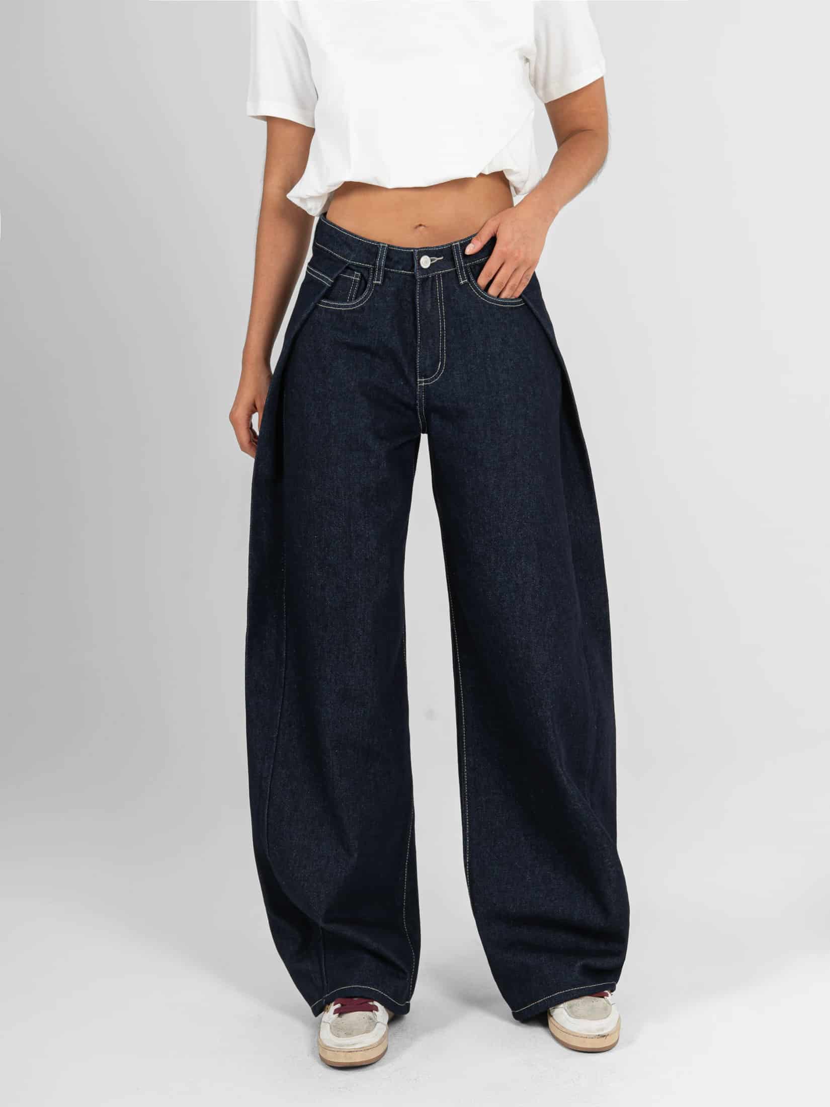 Ref: 066571 Jean wide leg , rígido, tiro medio, detalle de pliegue en costado, tono azul oscuro - miniatura 1