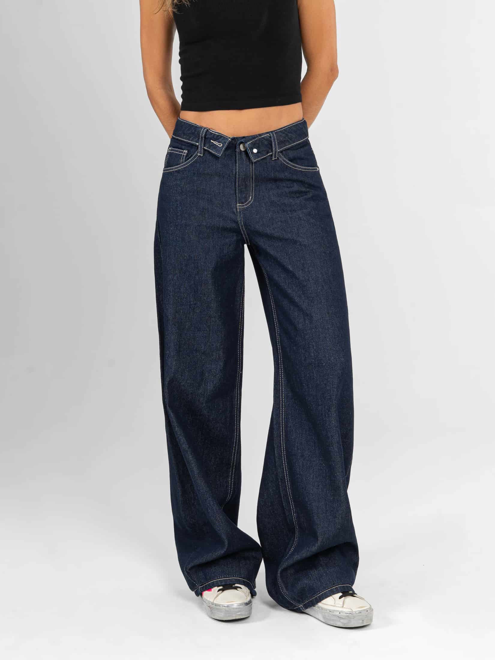 Ref: 066424 Jean wide leg, rígido, tiro medio, detalle en pretina, tono azul oscuro - miniatura 3