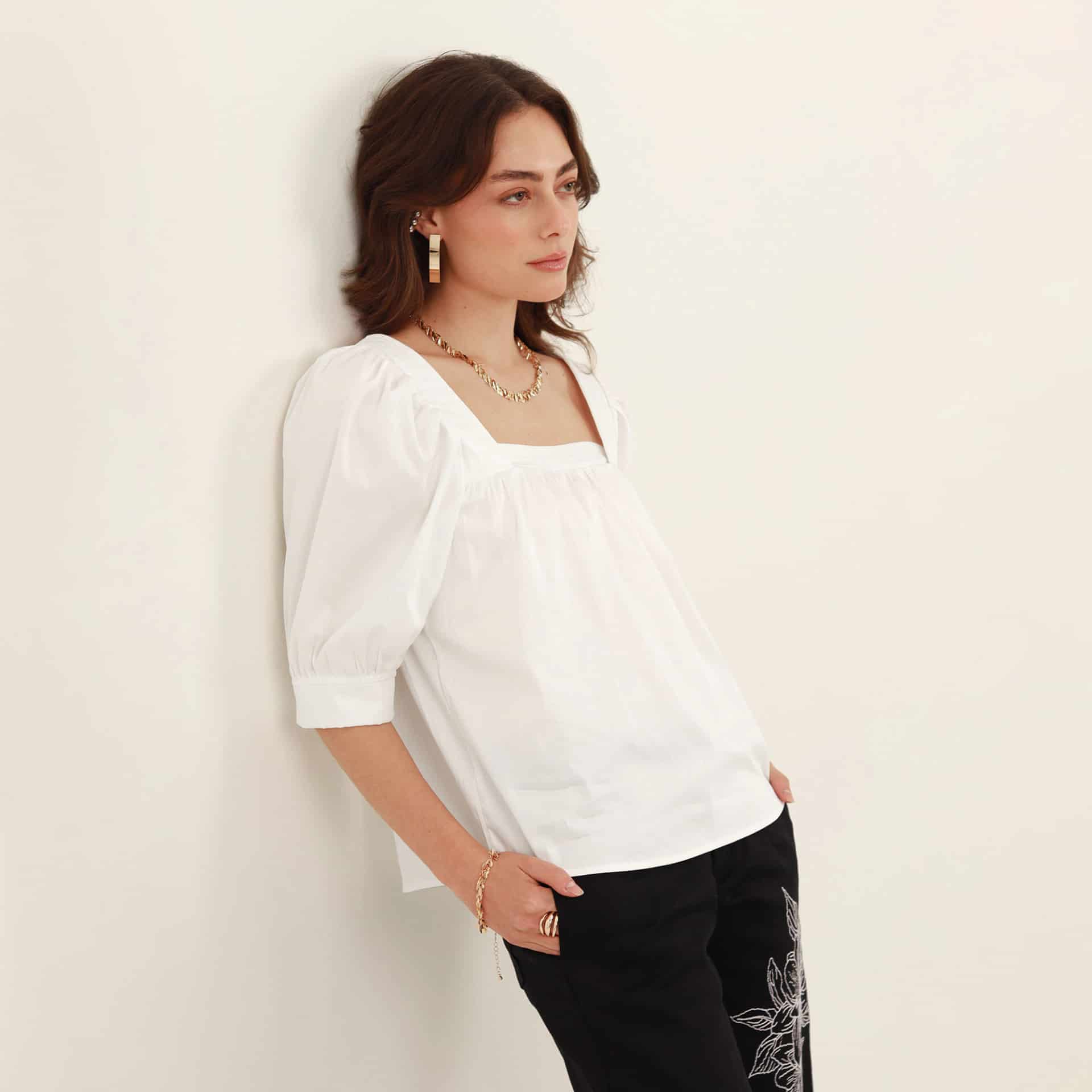 Blusa ancha cuello cuadrado manga globo 3/4 - miniatura 3
