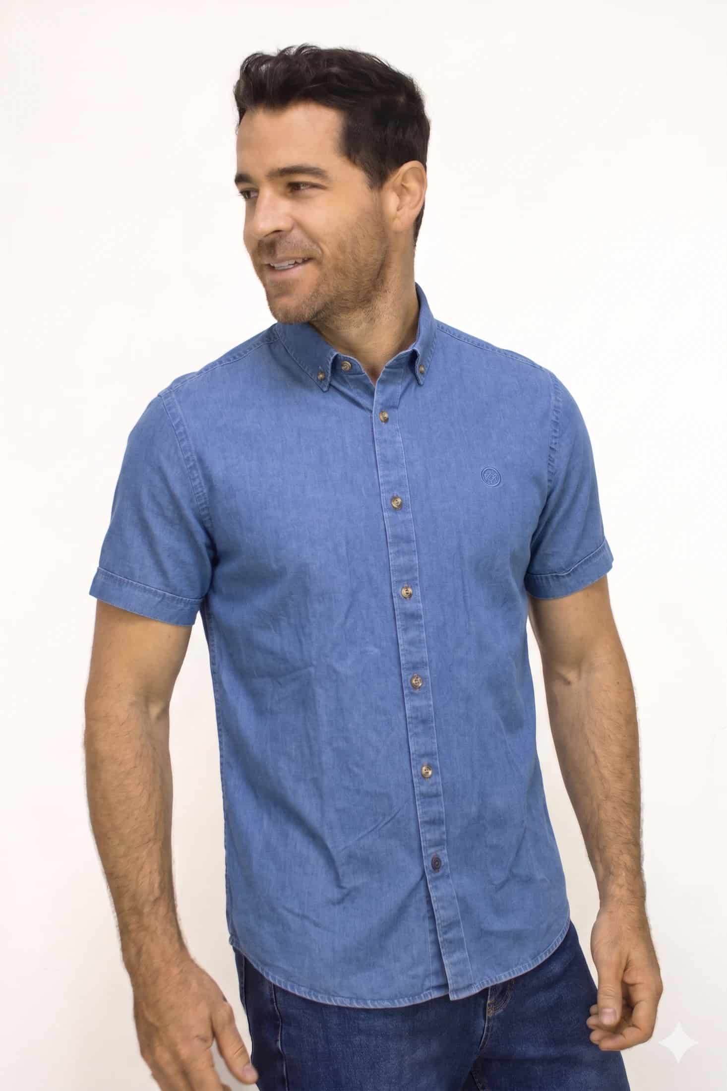 Camisa Manga Corta Denim Para Hombre - miniatura 2