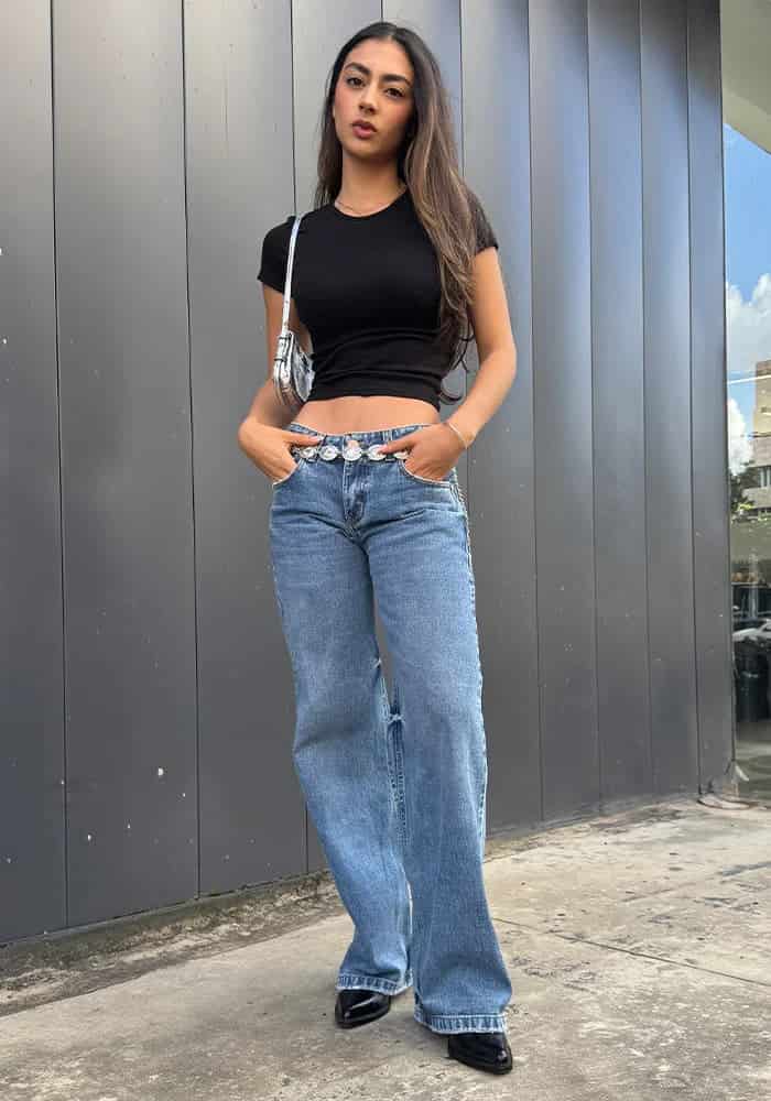 Jean para Mujer Wide Leg Tiro Bajo Azul Medio Claro - miniatura 9