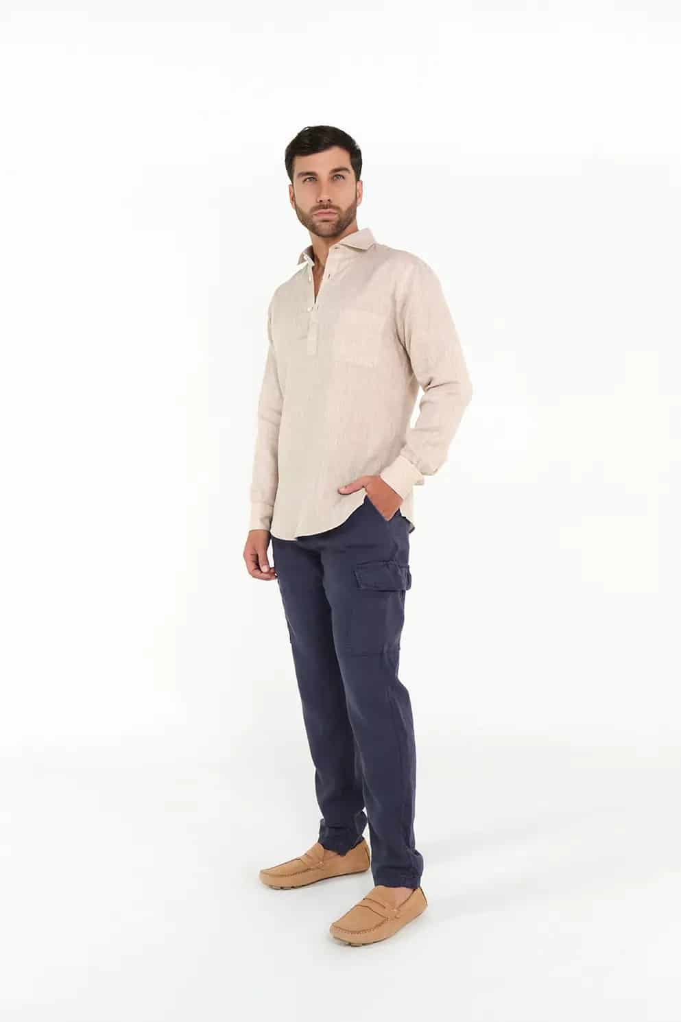 Pantalón Cargo Slim Fit 100% Lino Azul Oscuro - miniatura 1