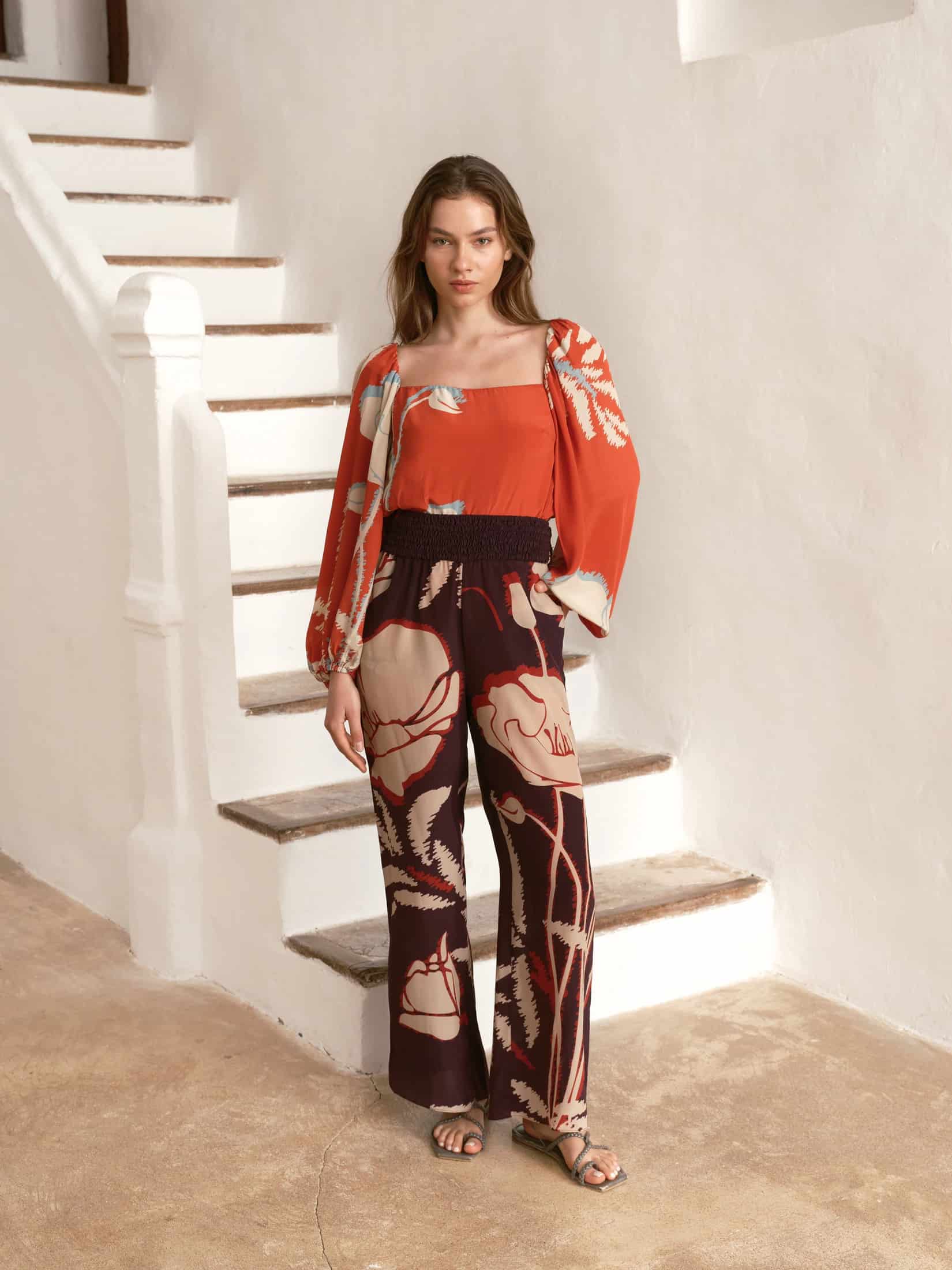 Celia Crepe Chine Blouse / Orange Gladiolos - miniatura 4