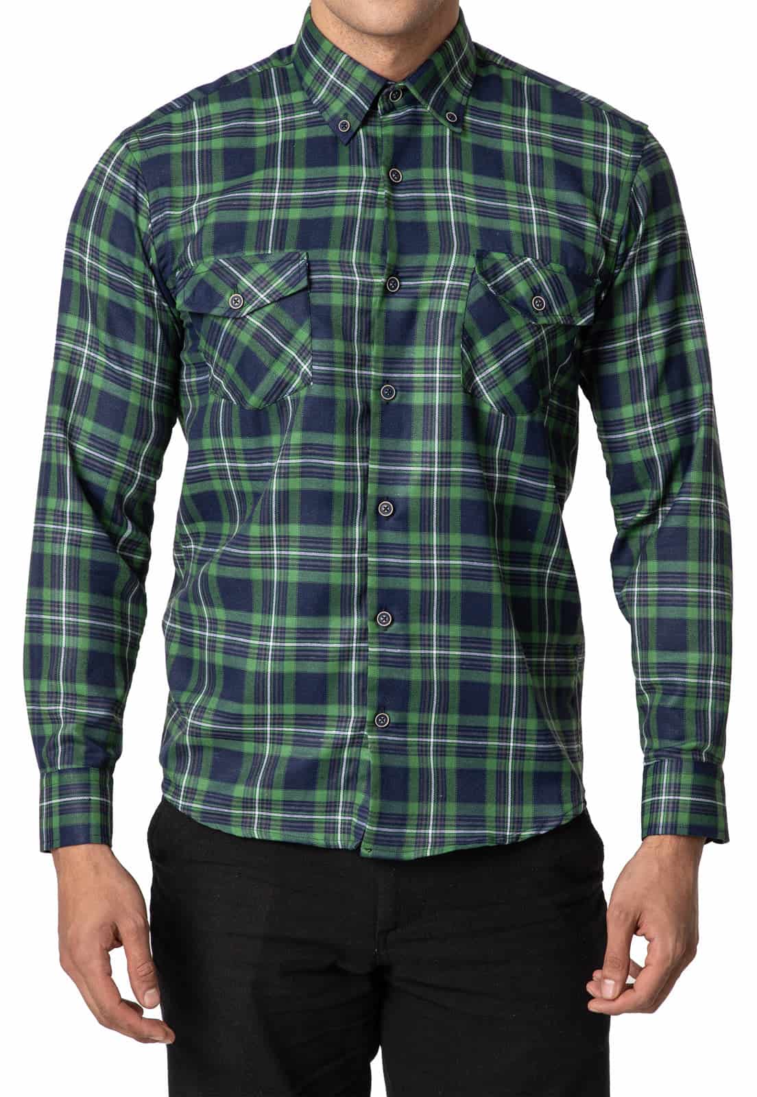 Camisa leñadora doble bolsillo verde, azul y blanco - miniatura 3