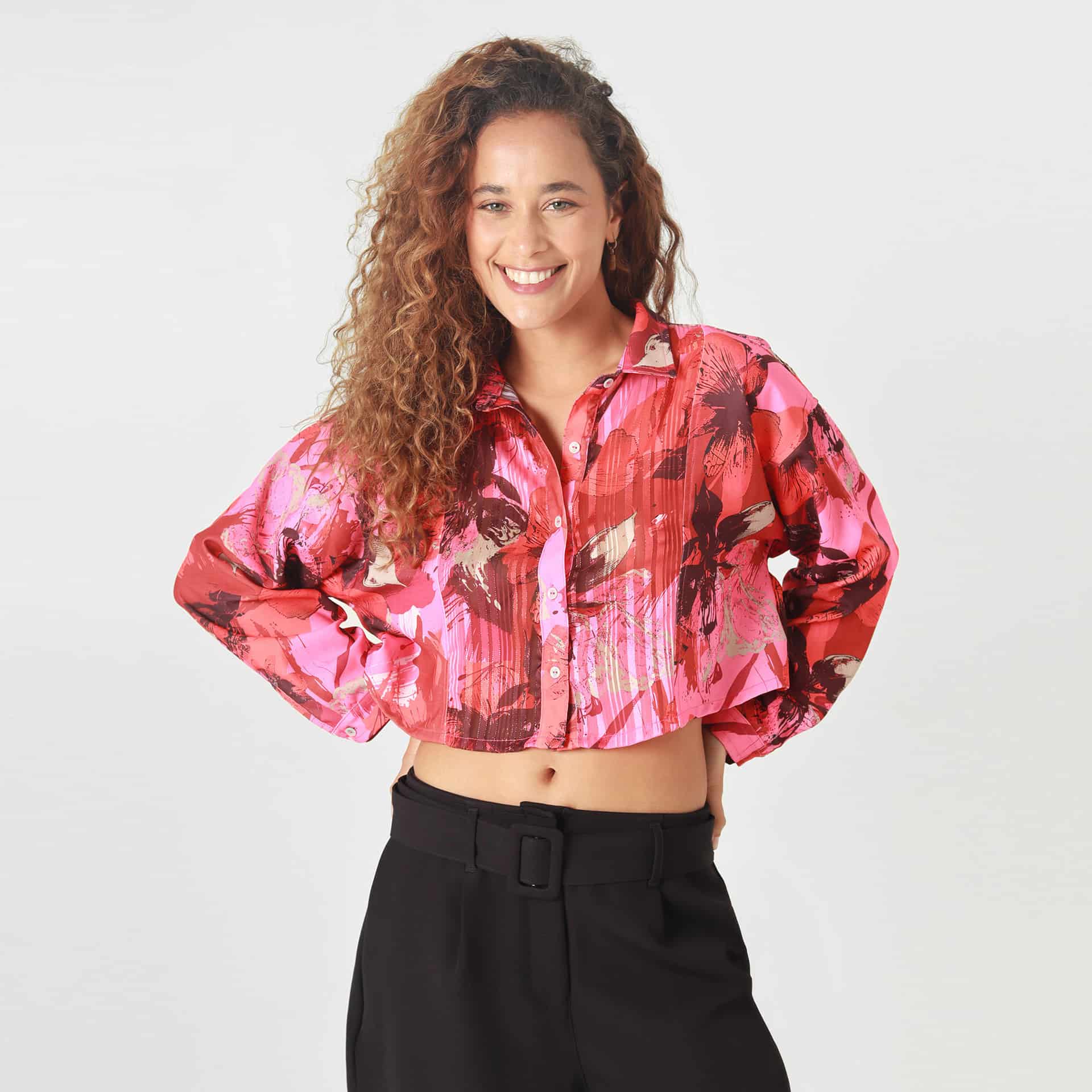 Blusa Crop Cuello Camisero Manga Larga - miniatura 1