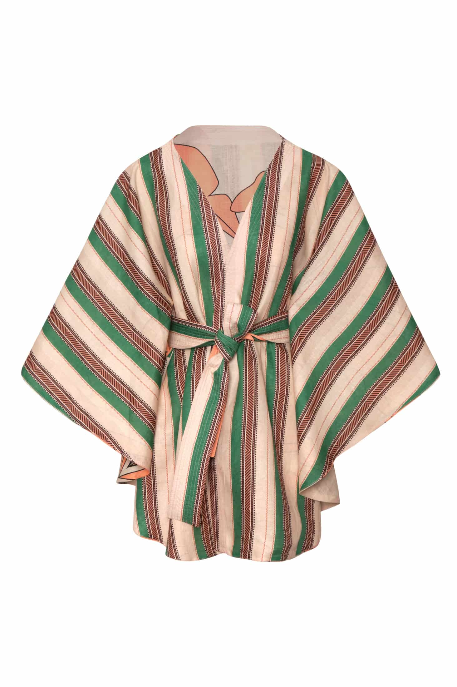 Cavalo Linen Poncho / Peach Palms - Green Artisanal Stripes - miniatura 1