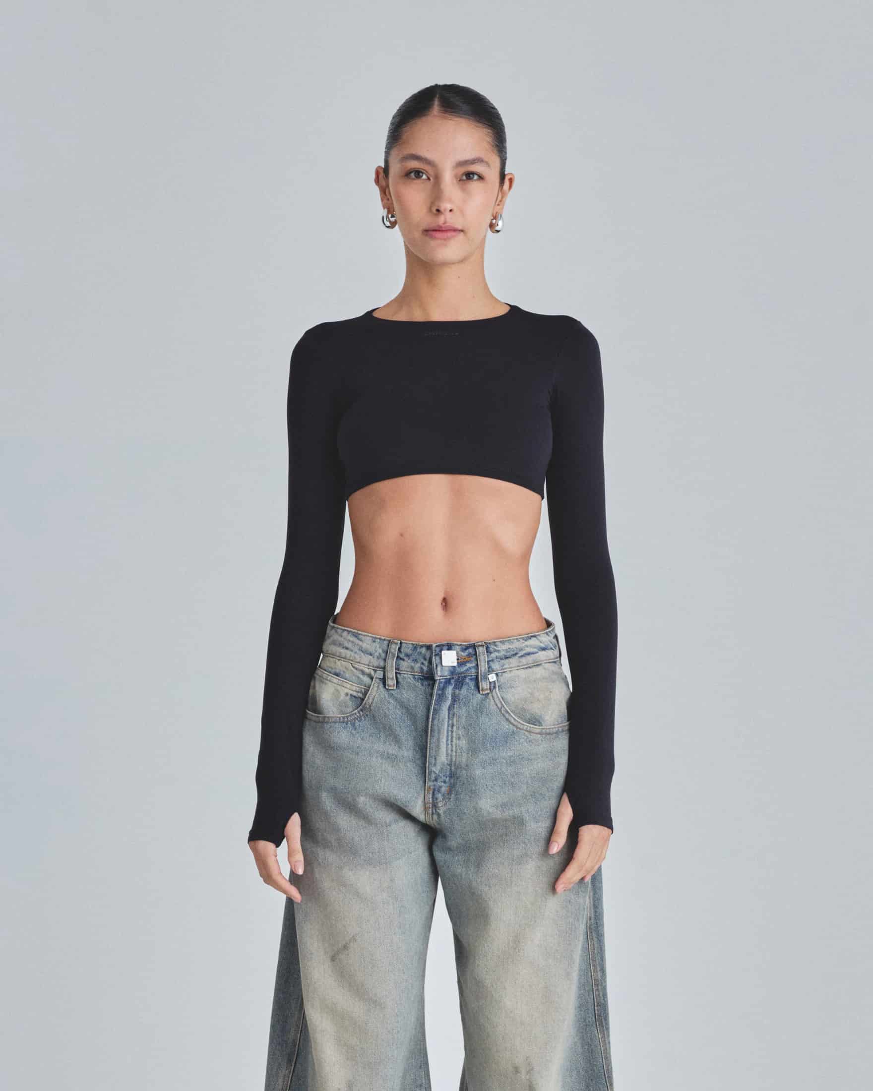 Line Basic Long Sleeve Cropped Tshirt Black - miniatura 2
