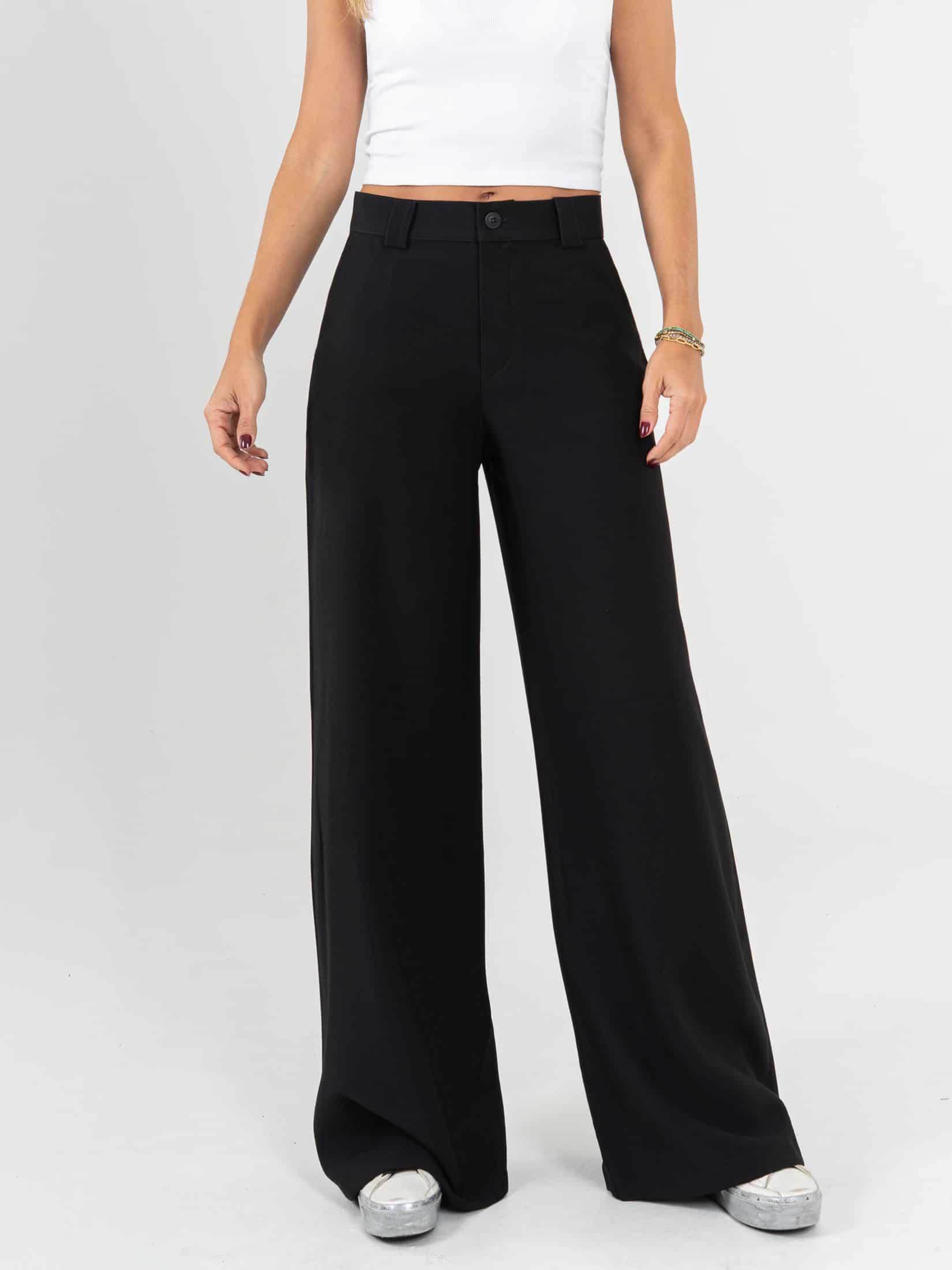 Ref: 0620601 Pantalón palazzo, tejido plano liviano, tiro alto, tono negro - miniatura 1