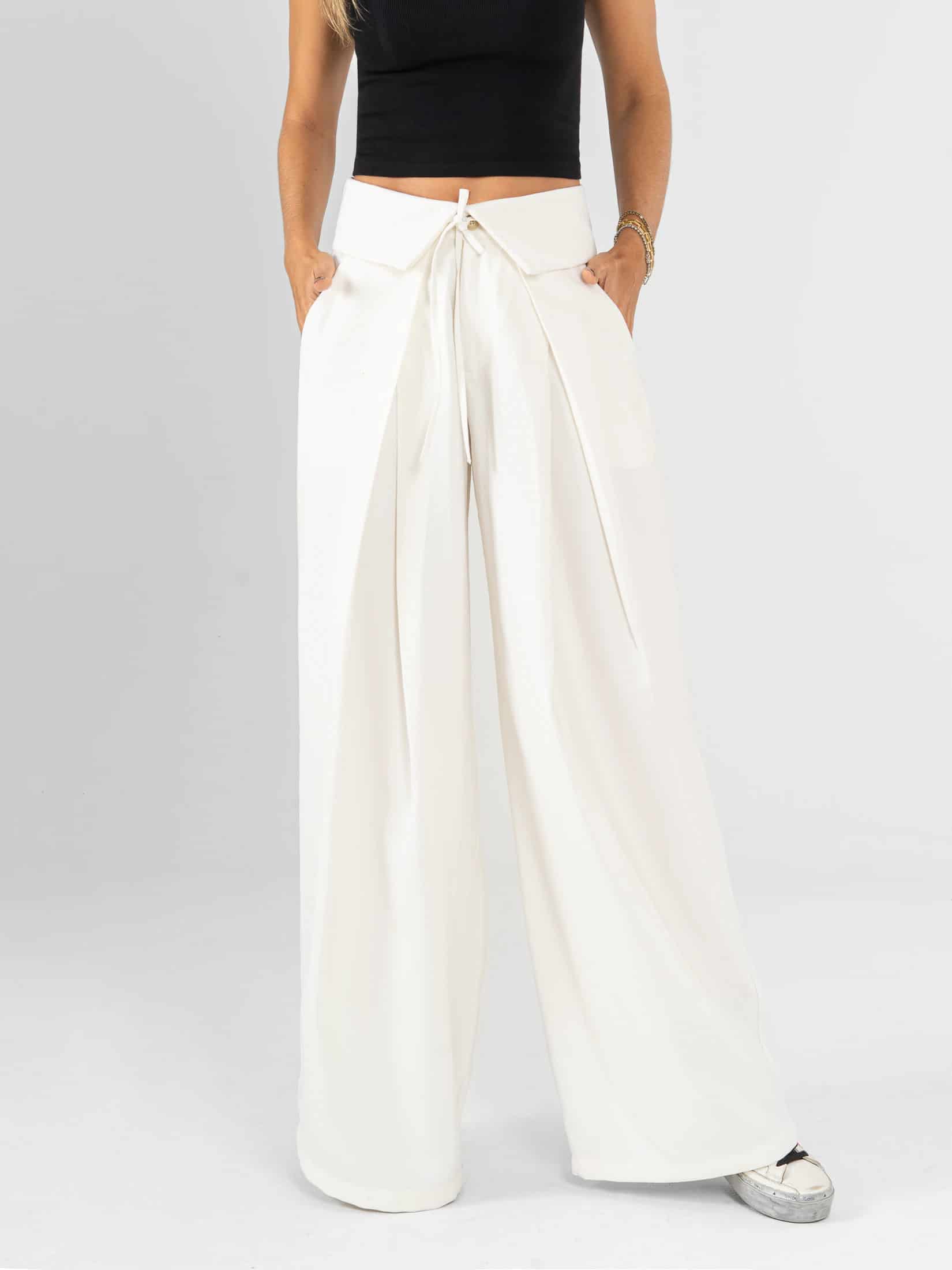 Ref: 0620436 Pantalón palazzo, prenses, tejido plano liviano, detalle en pretina, tono ivory - miniatura 1