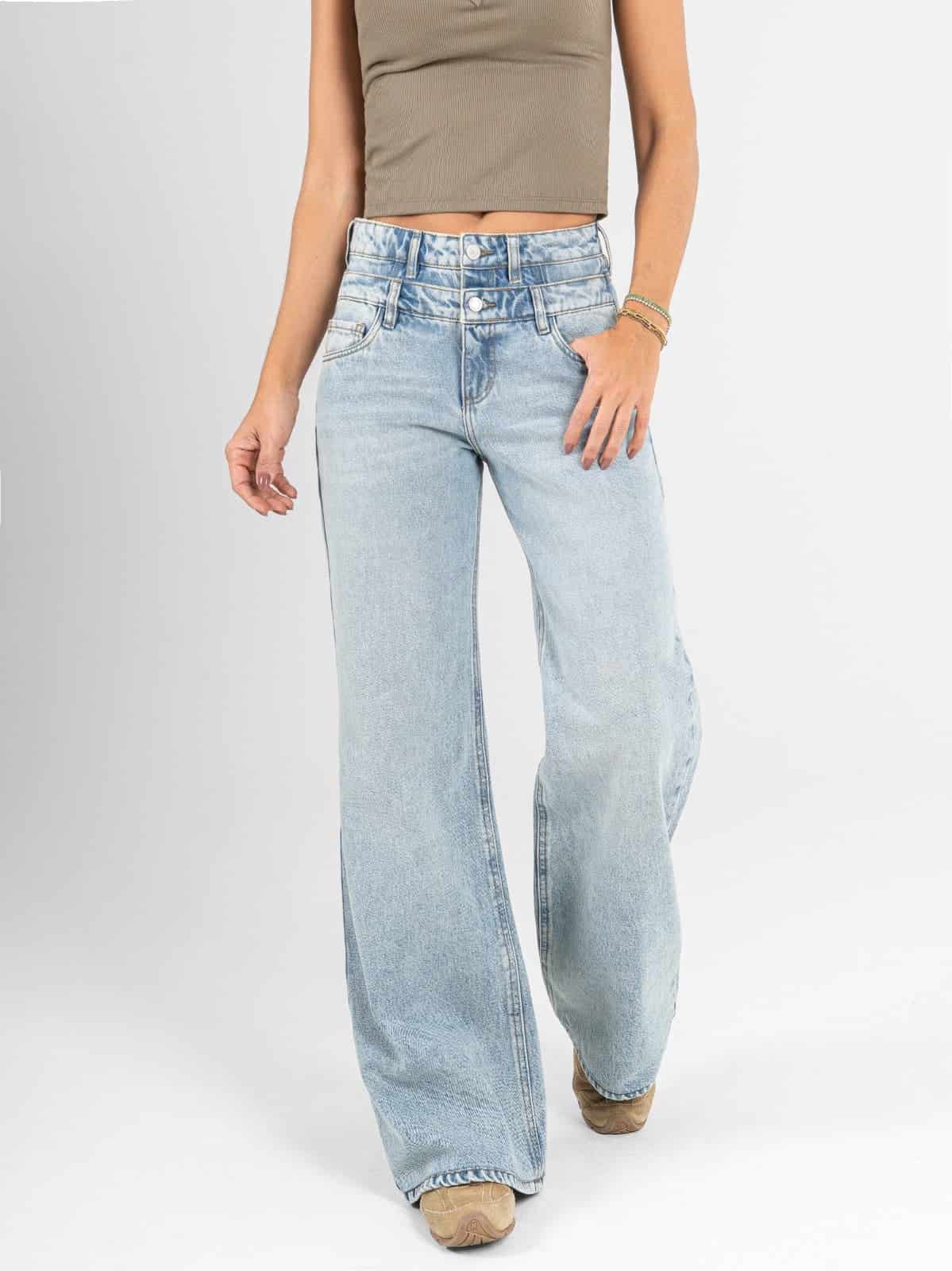 Ref: 066503 Jean mom flare, rígido, detalle en pretina, tono azul medio - miniatura 1