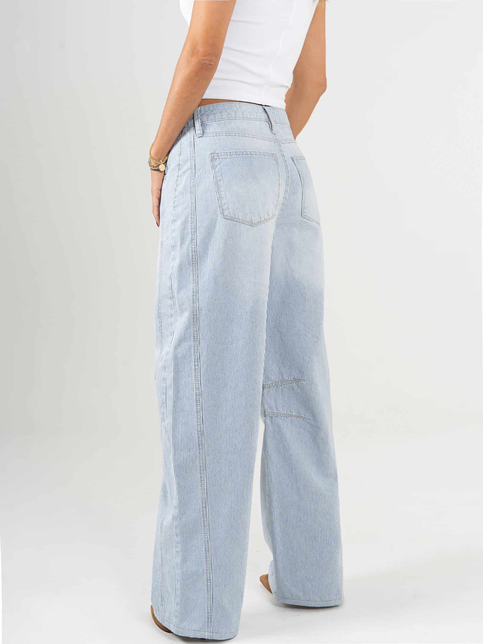 Ref: 066089 Jean wide leg, rayas, rígido, tiro alto, tono azul, pinzas en pierna - miniatura 3