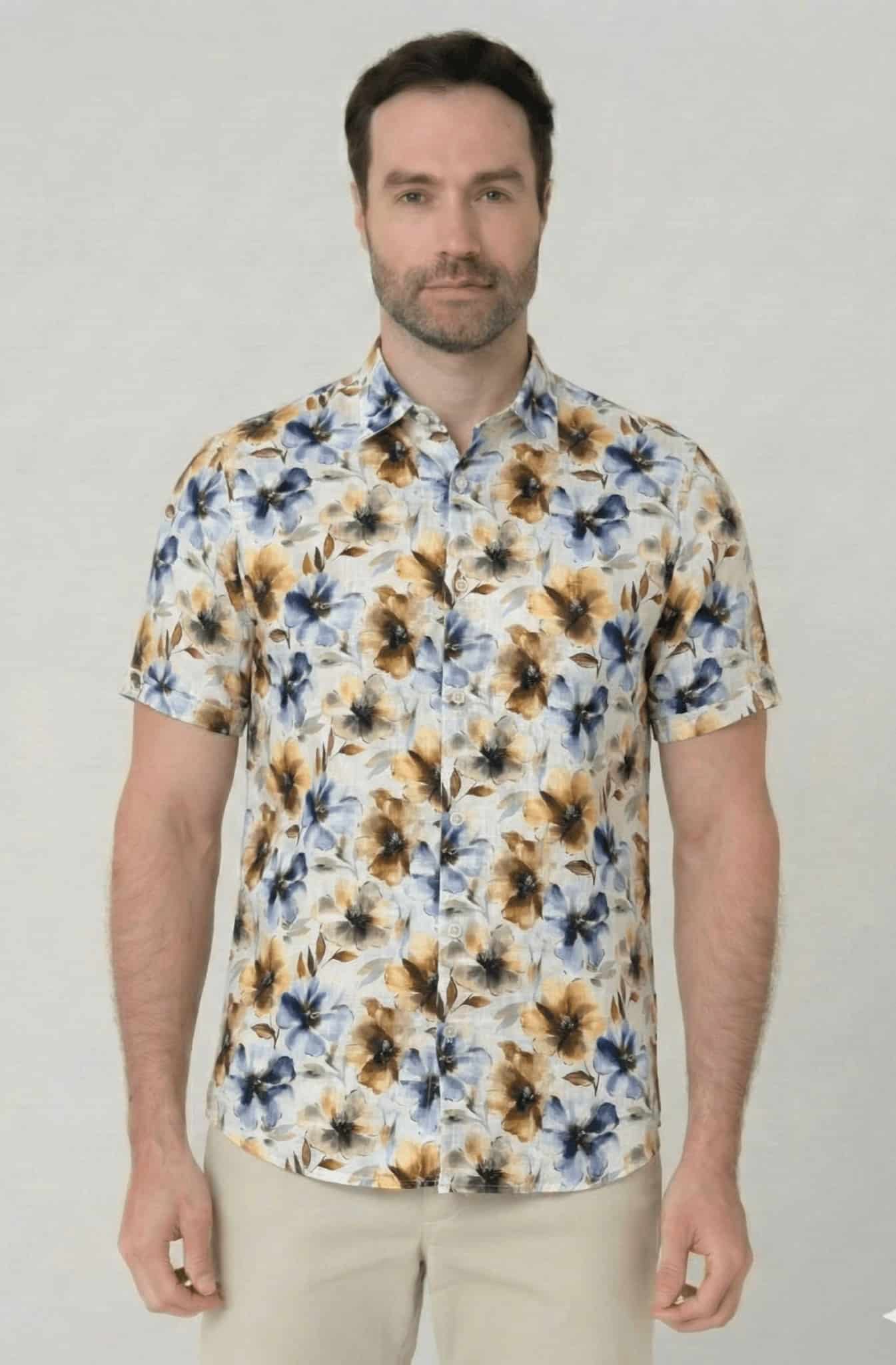 Camisa manga corta en Lino estampado de  flores para hombre Jon Sonen 017225024 - miniatura 1