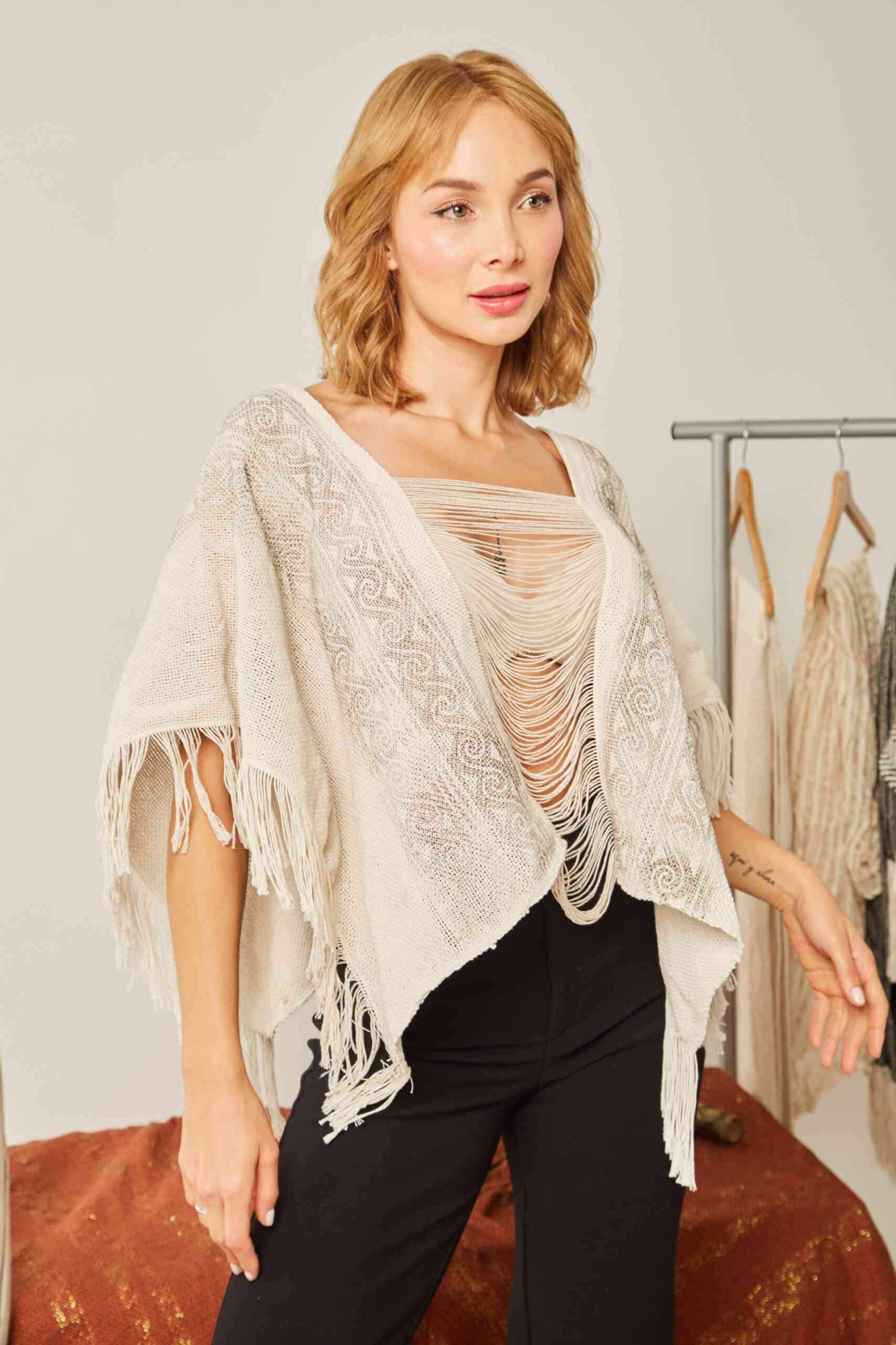 Poncho Onda de Mar Corto Crudo Estampación Artesanal - miniatura 1