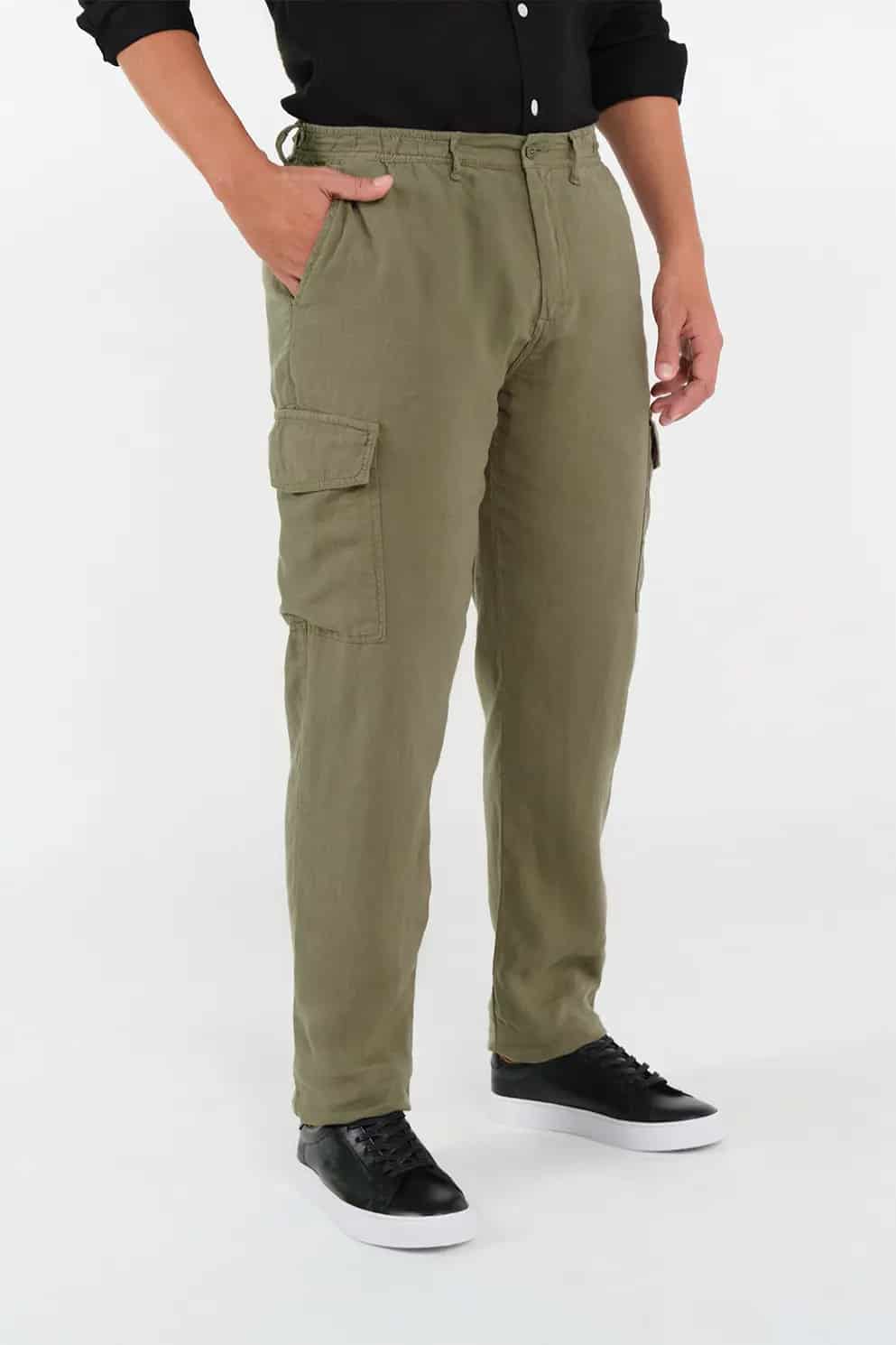 Pantalón Cargo Slim Fit 100% Lino Verde Claro - miniatura 3