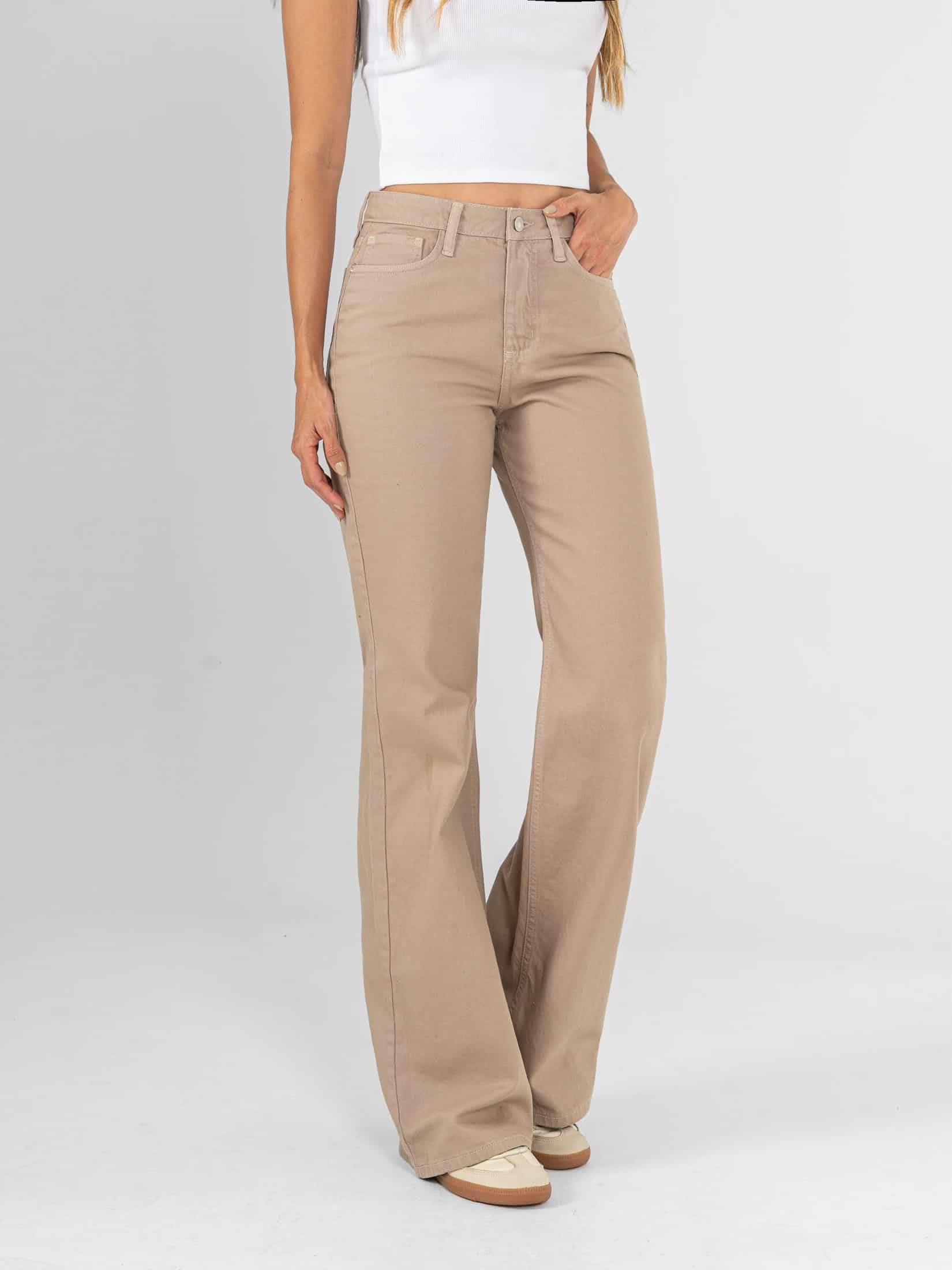 Ref: 0620459 Pantalón mom flare, rígido, tiro alto, tono caqui - miniatura 1