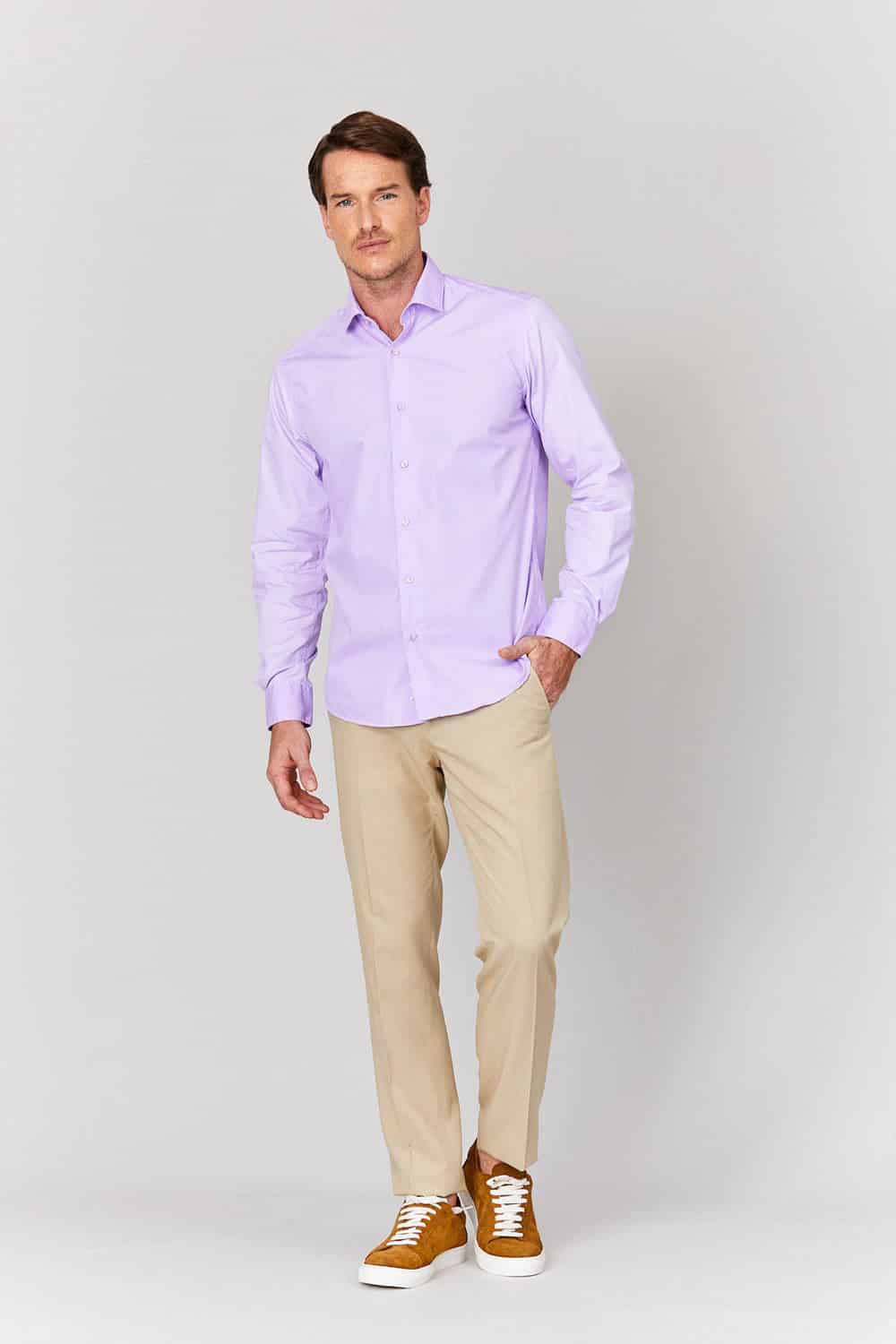 Men's basic lilac cotton muslin shirt - miniatura 3
