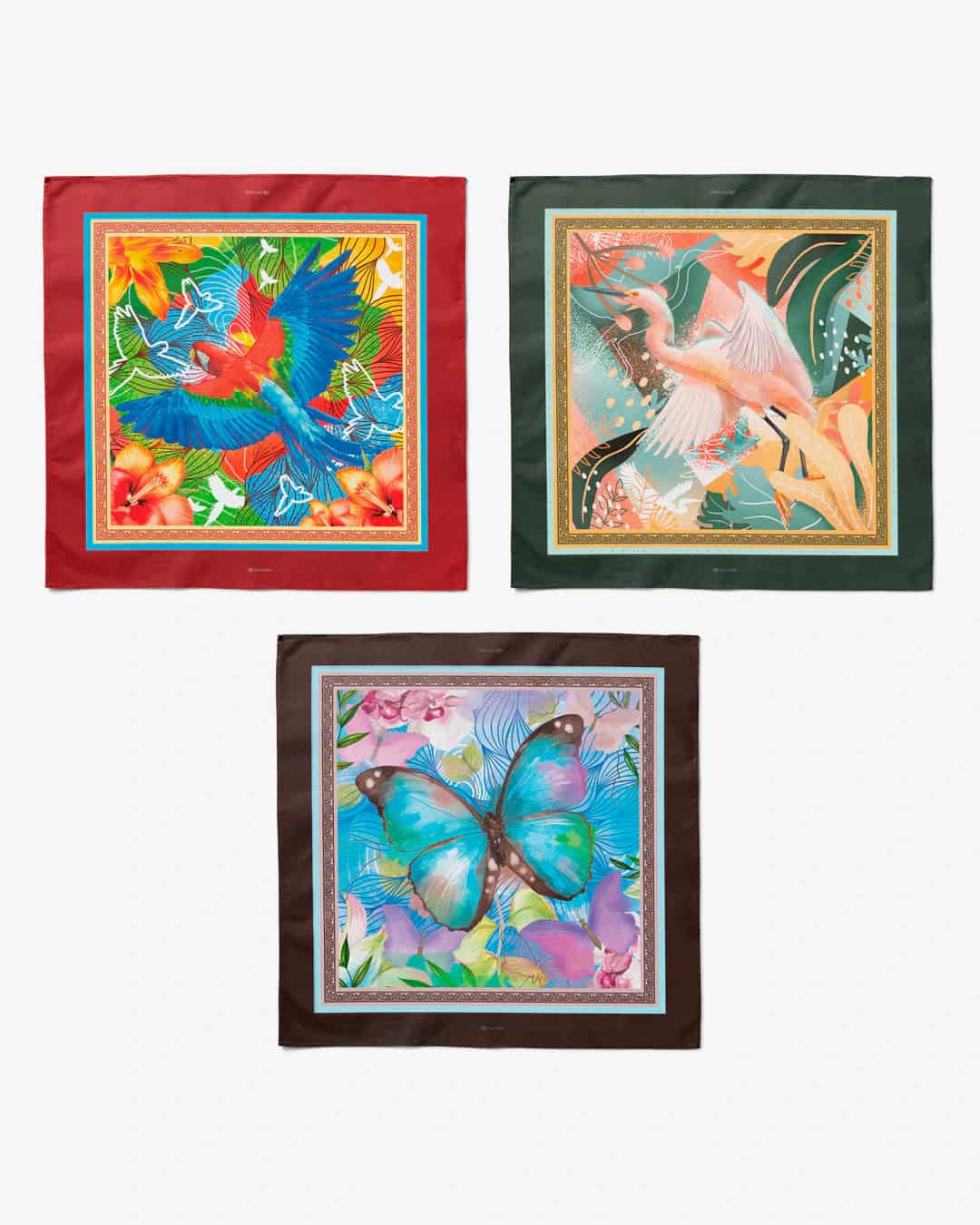 Pack de 3 pañoletas pequeñas (45x45cm) / Guacamaya + Garza + Mariposa - miniatura 1