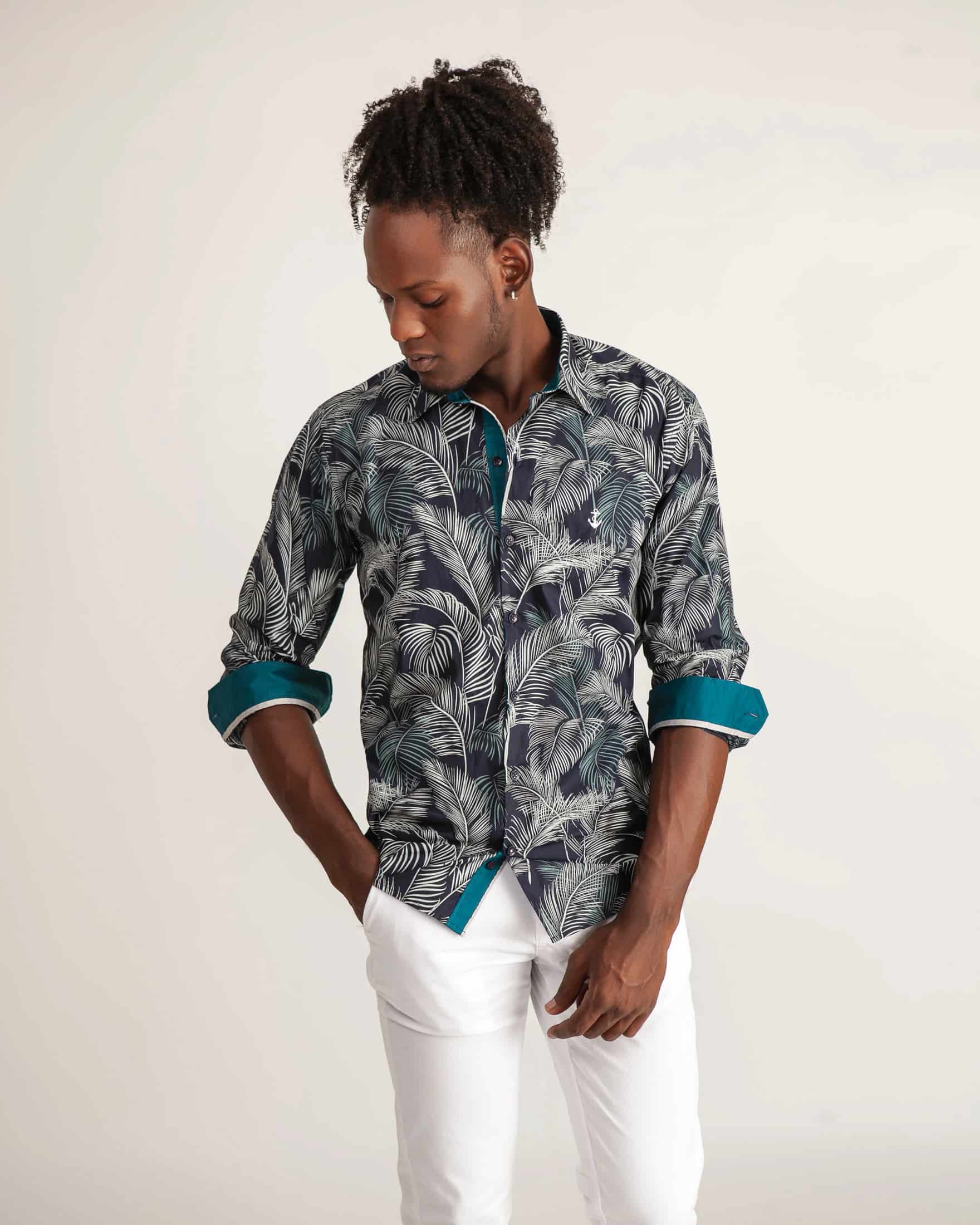 Camisa Navy Palmas Contraste Turquesa - miniatura 2