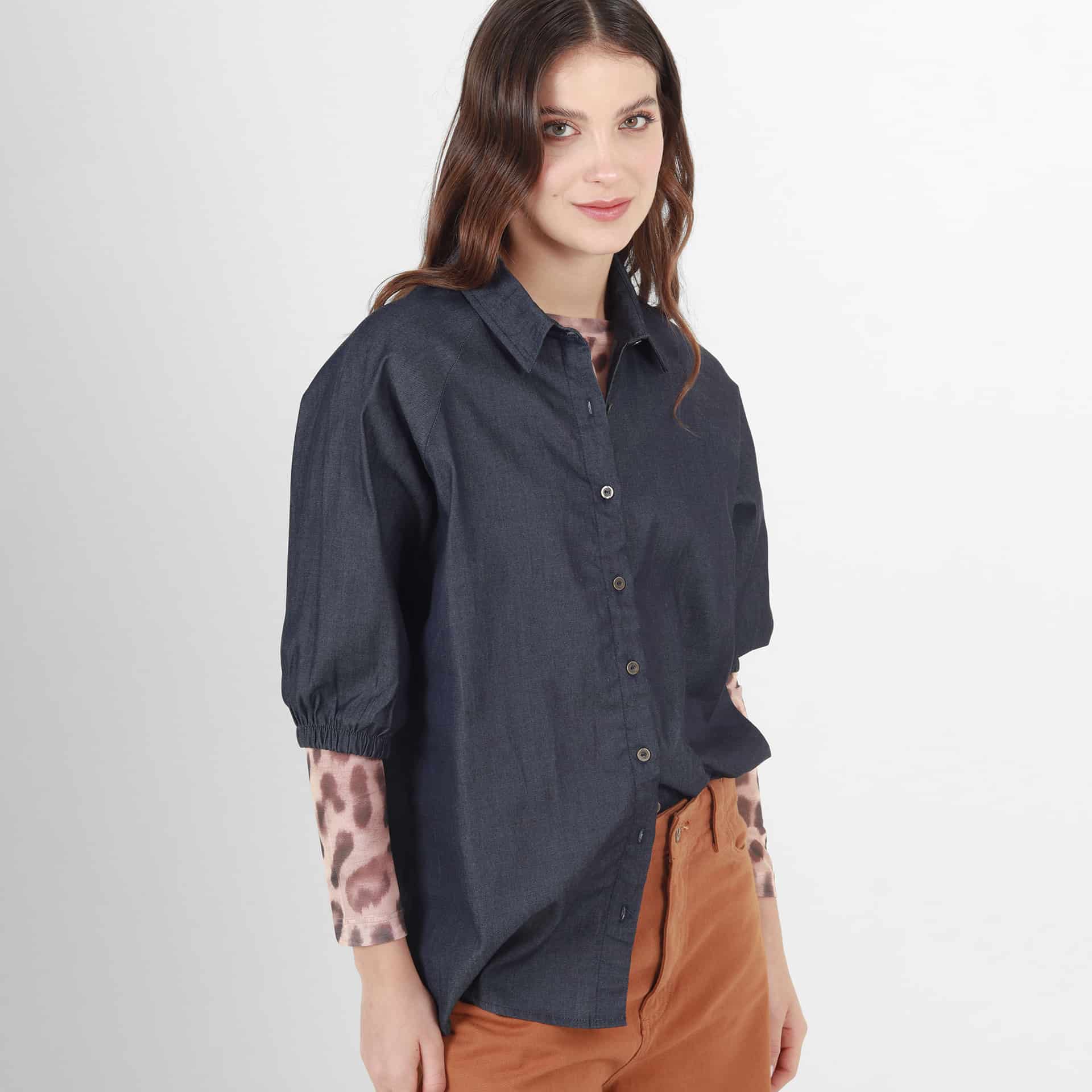 Blusa Cuello Camisero Manga Al Codo - miniatura 1