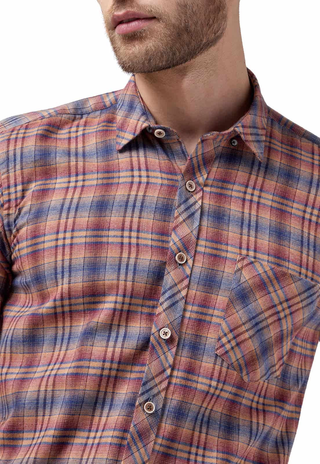 Camisa leñadora camel con rayas rojas y azules un bolsillo - miniatura 1