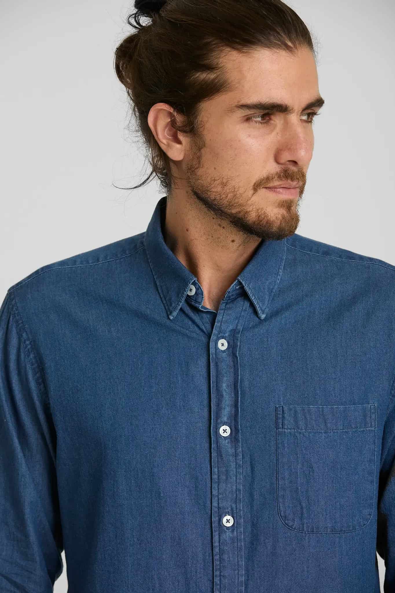 Camisa Jean Button Down Azul Medio - miniatura 3