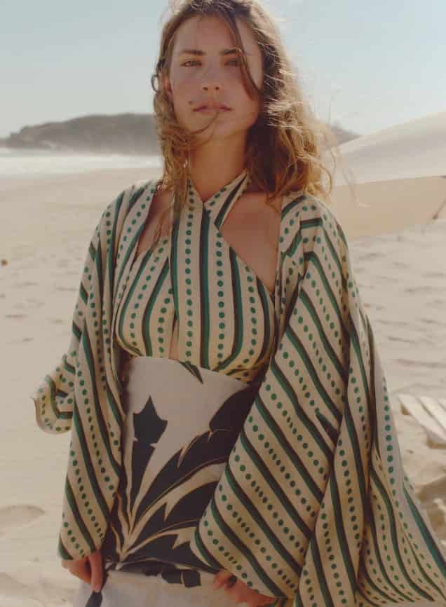 Costa del Sol Linen Midi Dress / Aquamarine Palms - Green Stripes - miniatura 4