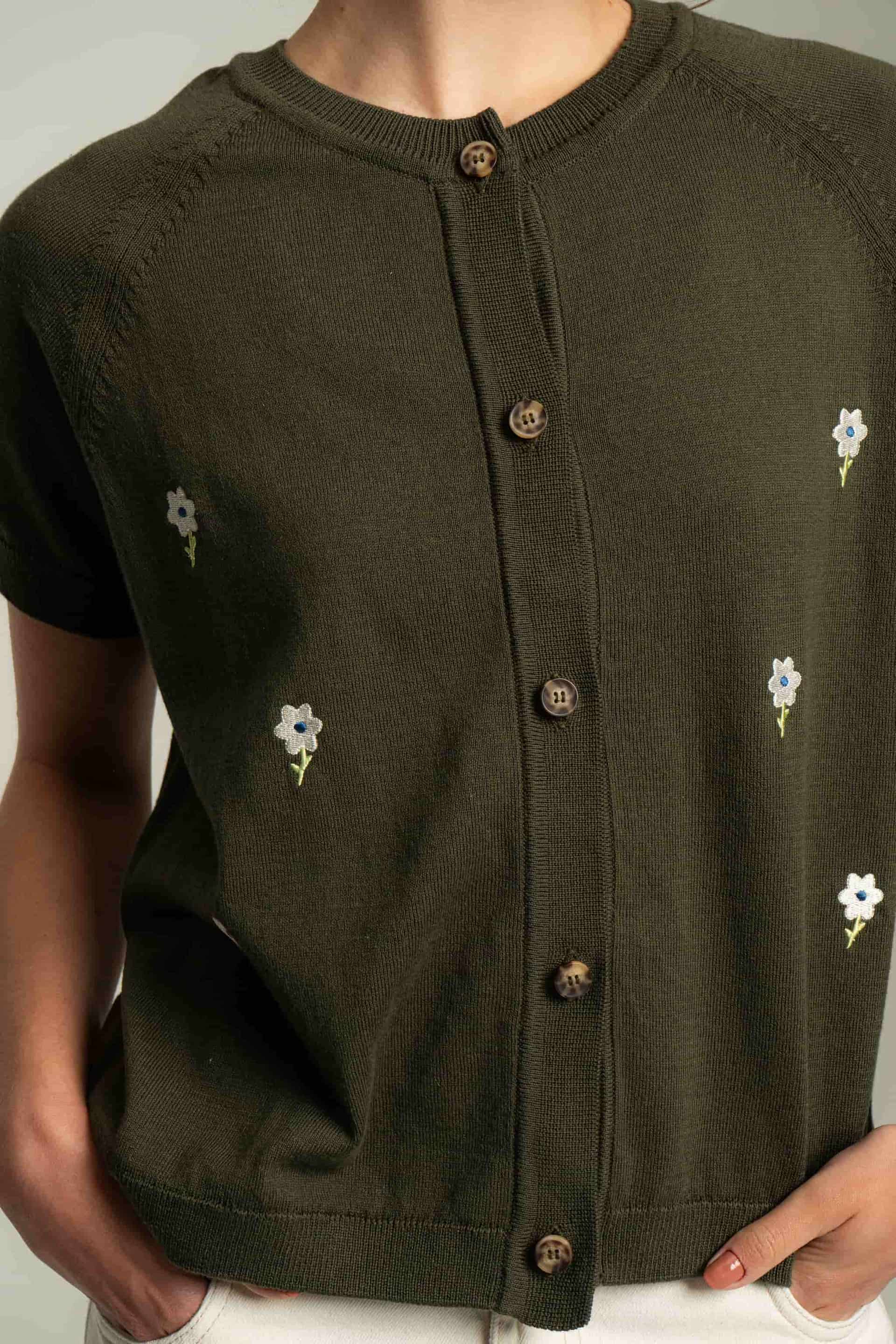 Cardigan corto flores bordadas - verde - miniatura 2