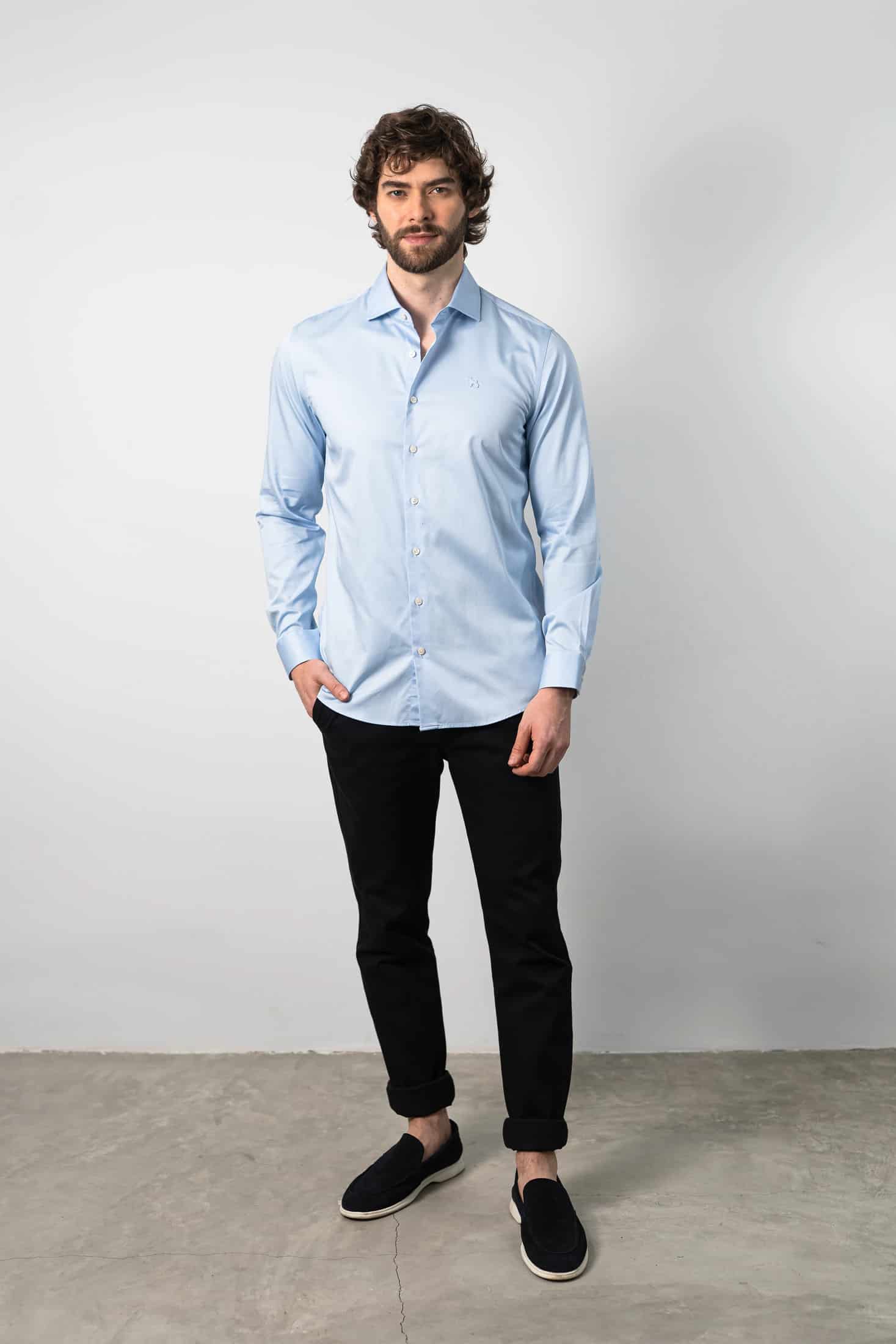 Camisa Manga Larga Azul Celeste/Satín - miniatura 1
